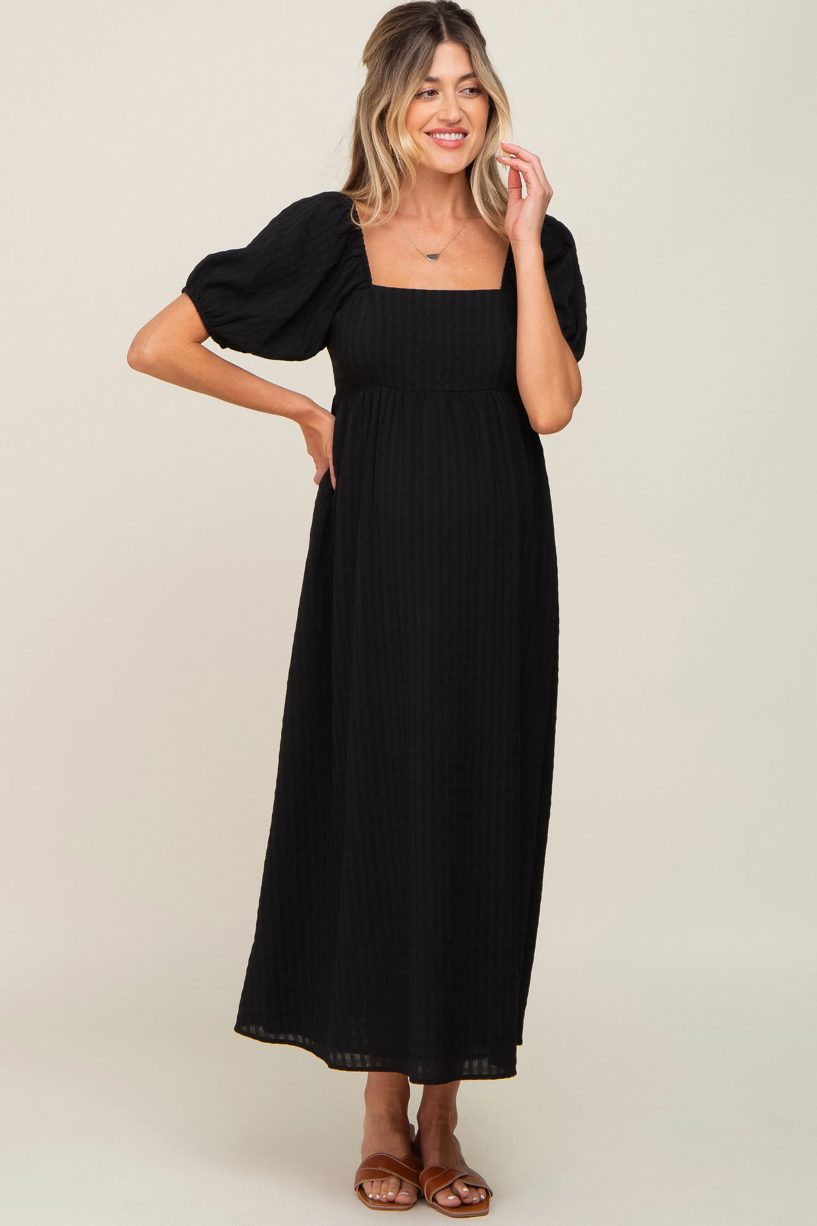 Black Textured Gingham Square Neck Maternity Maxi Dress sold by Pinkblush