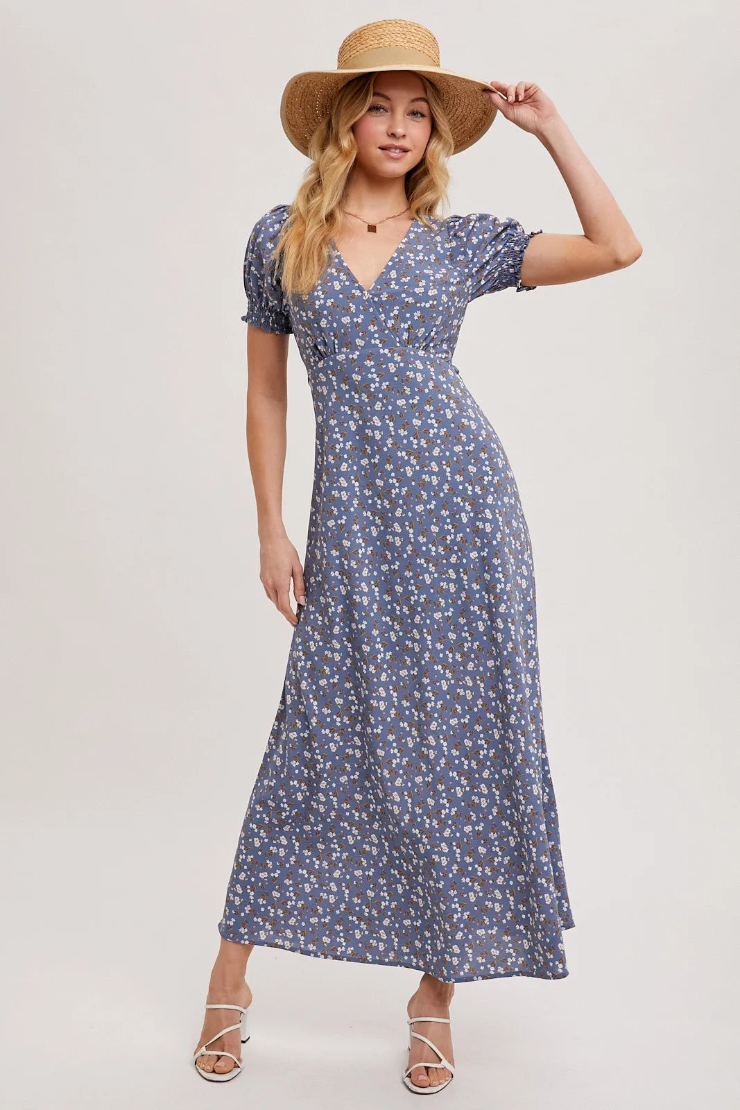 Blue Floral Puff Sleeve V Neck Maxi Dress sold by Pinkblush product image thumbnail 2