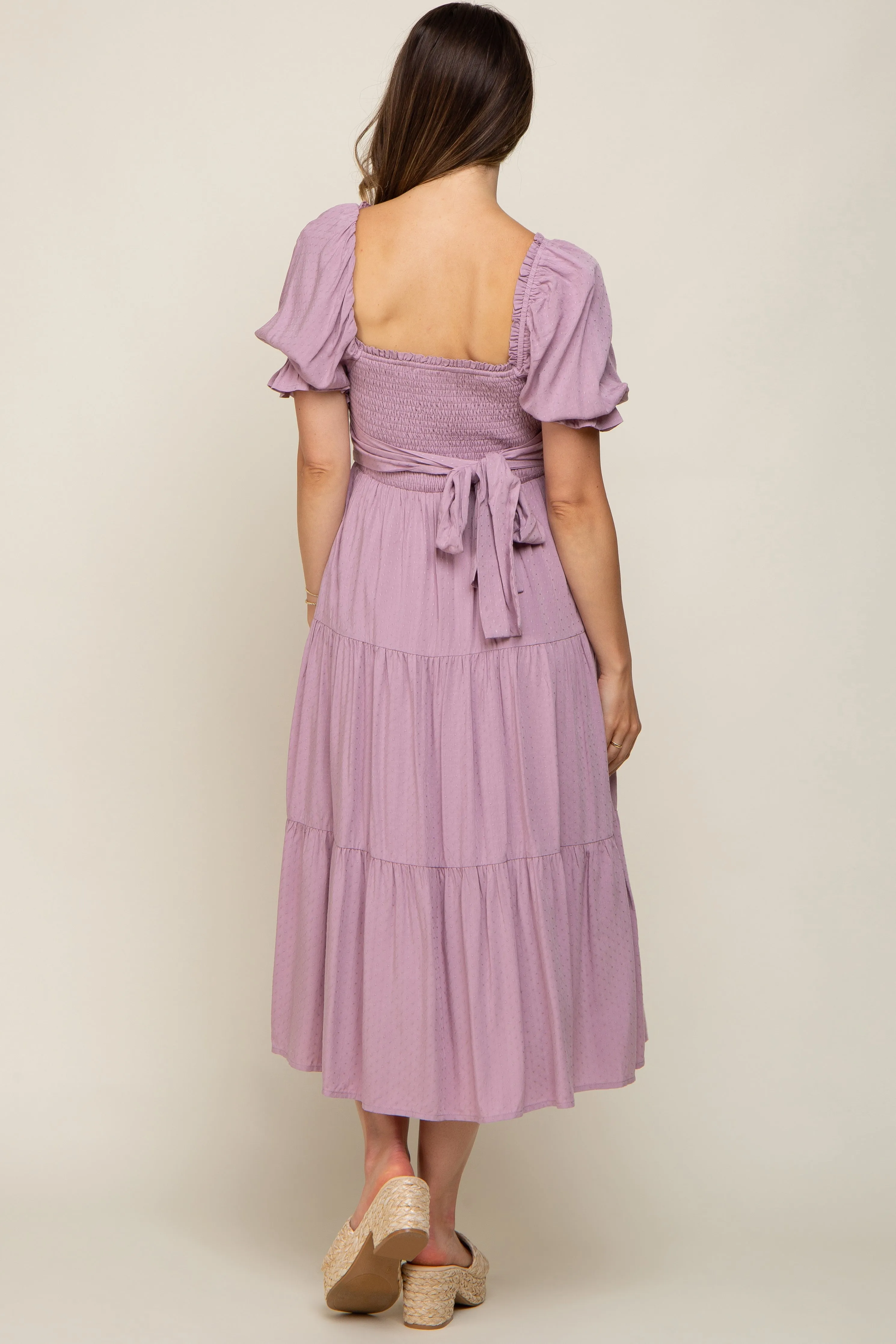 Mauve Swiss Dot Smocked Maternity Midi Dress sold by Pinkblush product image thumbnail 3