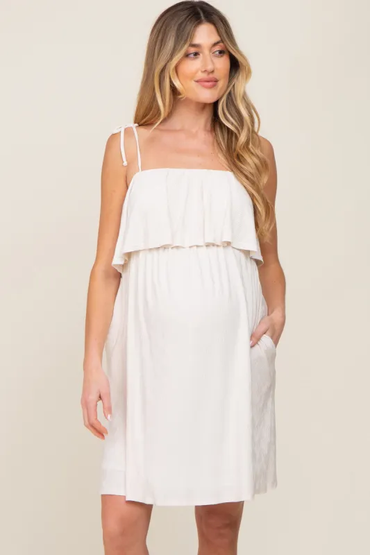 Ivory Ruffle Overlay Shoulder Tie Maternity Dress sold by Pinkblush
