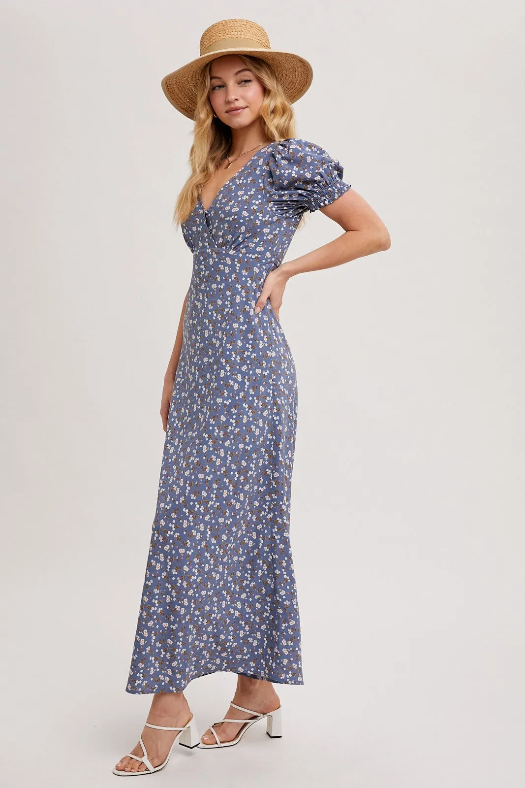 Blue Floral Puff Sleeve V Neck Maxi Dress sold by Pinkblush product image thumbnail 3