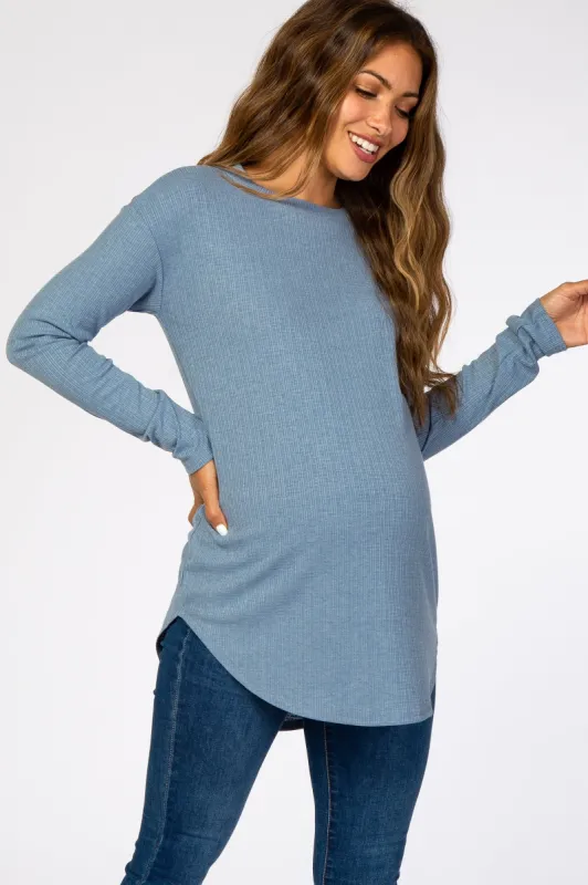 Denim Blue Long Sleeve Ribbed Maternity Top sold by Pinkblush