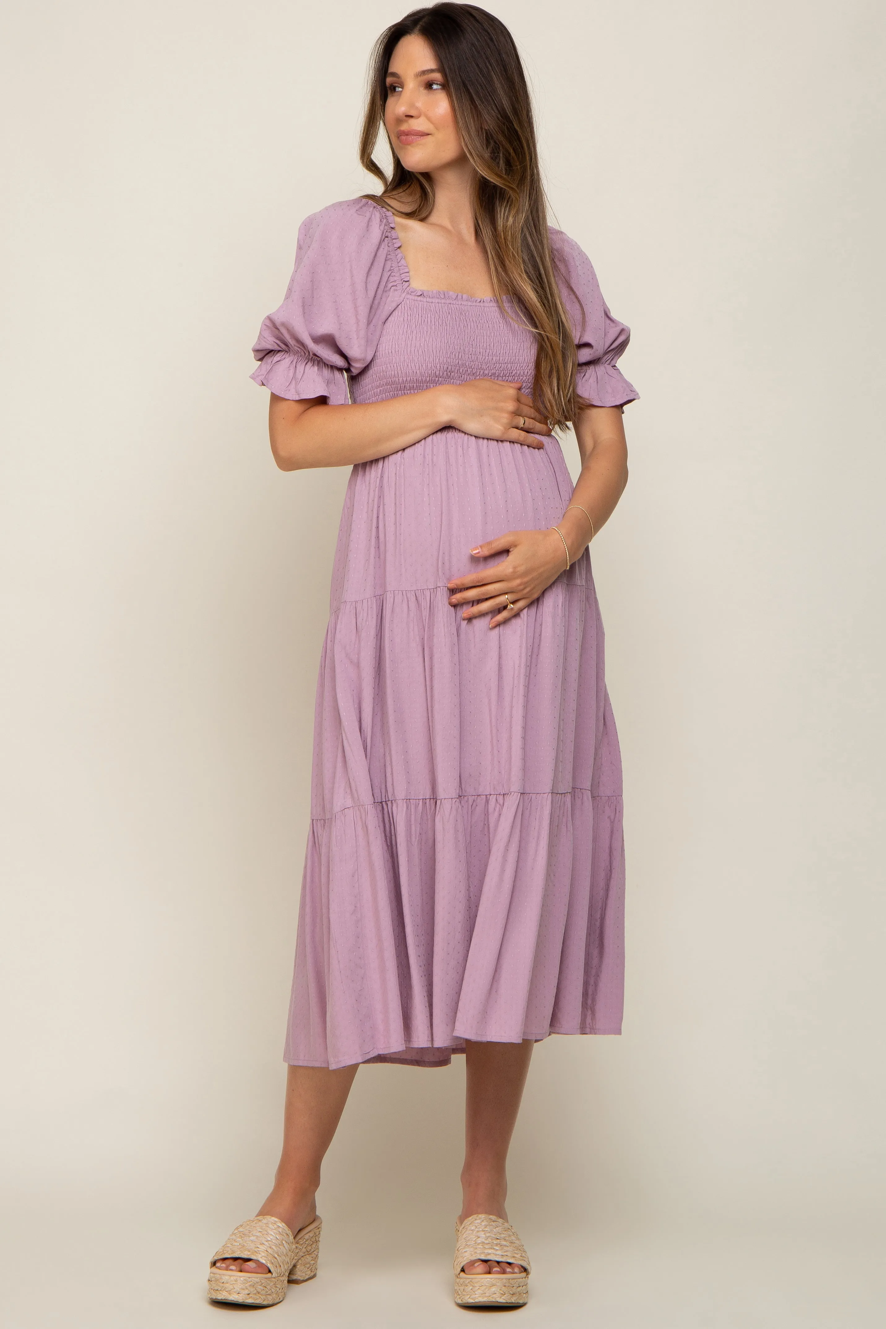 Mauve Swiss Dot Smocked Maternity Midi Dress sold by Pinkblush product image thumbnail 4