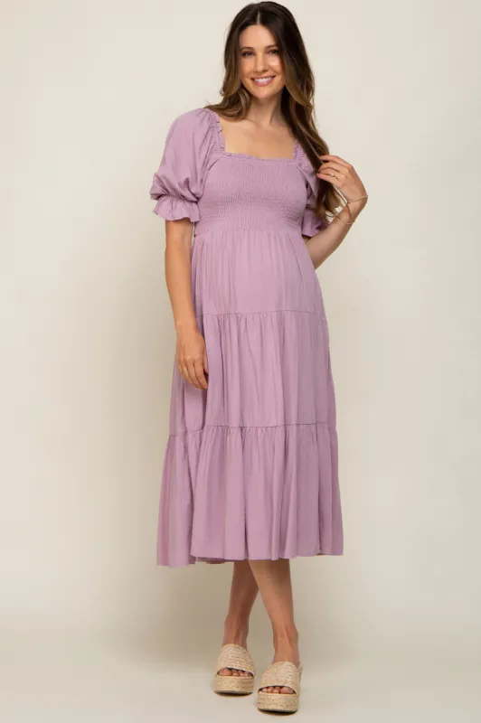 Mauve Swiss Dot Smocked Maternity Midi Dress sold by Pinkblush