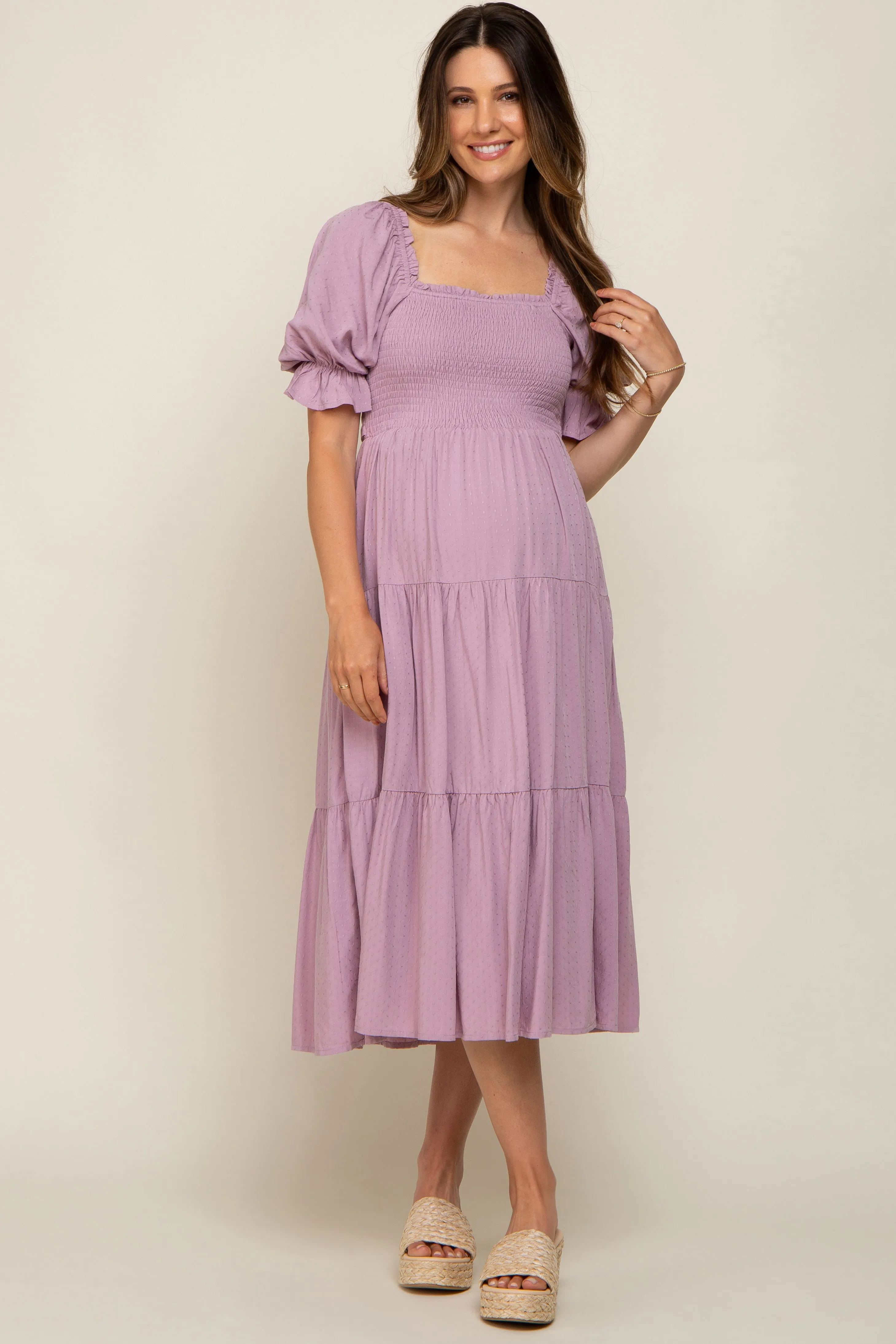 Mauve Swiss Dot Smocked Maternity Midi Dress sold by Pinkblush