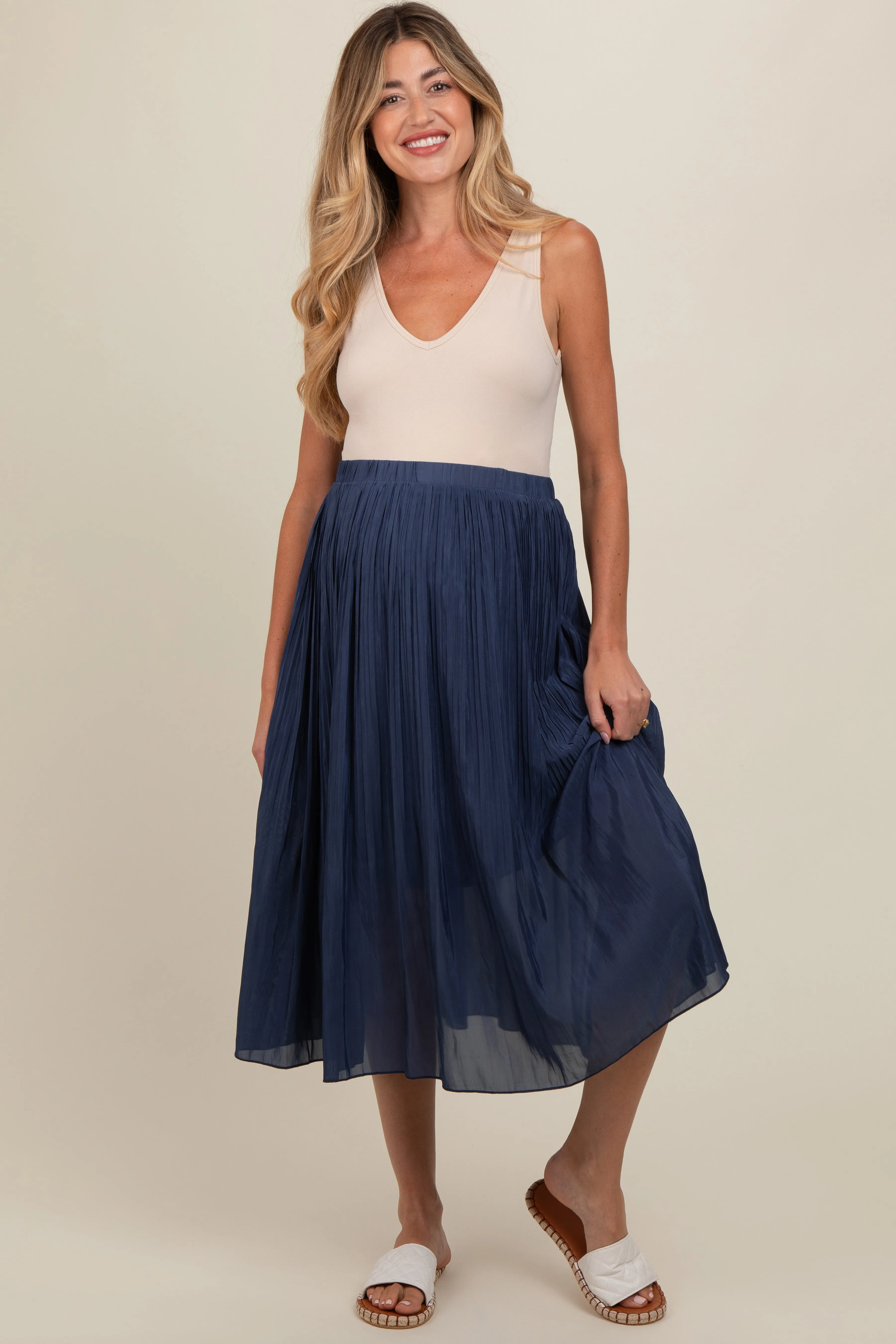 Navy Blue Pleated Maternity Midi Skirt sold by Pinkblush