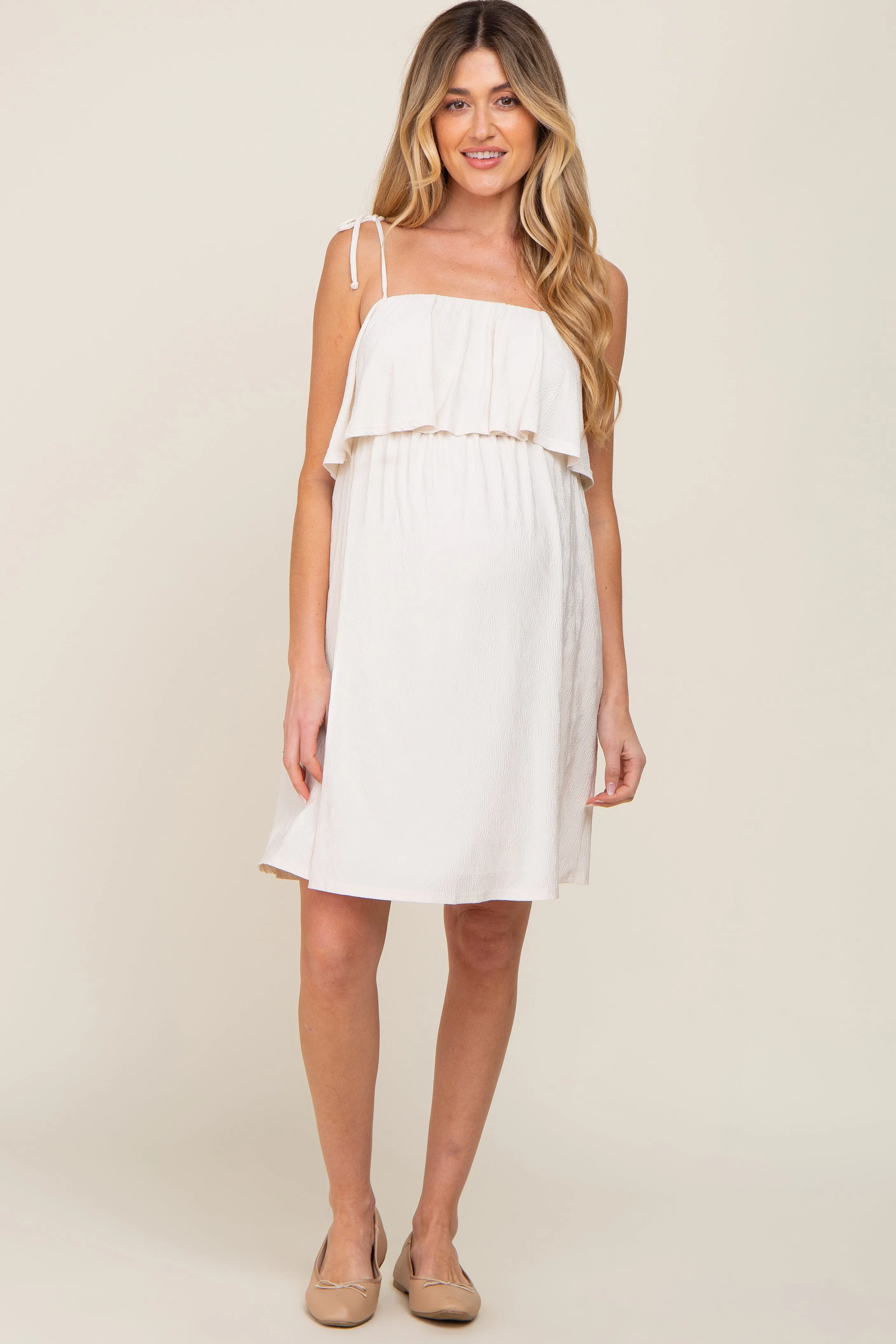 Ivory Ruffle Overlay Shoulder Tie Maternity Dress sold by Pinkblush product image thumbnail 4