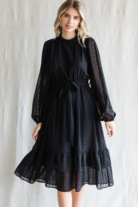 Black Swiss Dot Ruffle Accent Midi Dress sold by Pinkblush