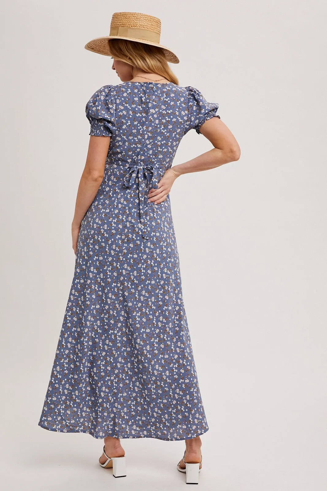 Blue Floral Puff Sleeve V Neck Maxi Dress sold by Pinkblush product image thumbnail 4