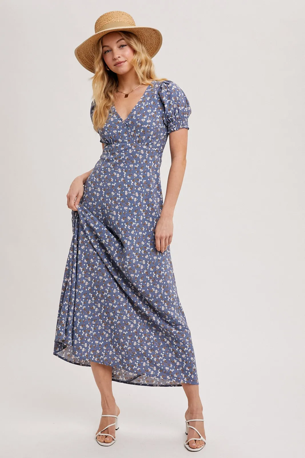 Blue Floral Puff Sleeve V Neck Maxi Dress sold by Pinkblush