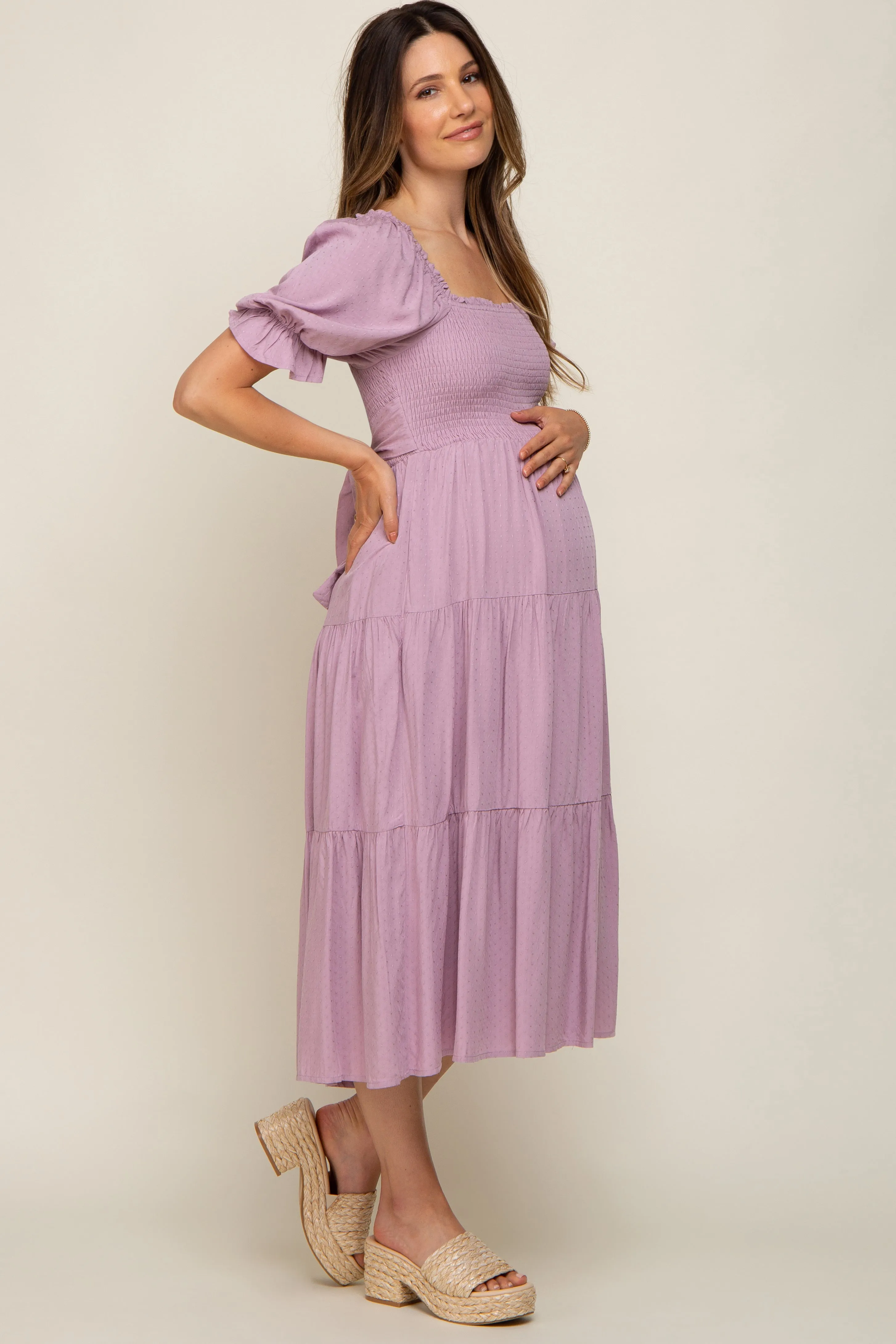 Mauve Swiss Dot Smocked Maternity Midi Dress sold by Pinkblush product image thumbnail 2