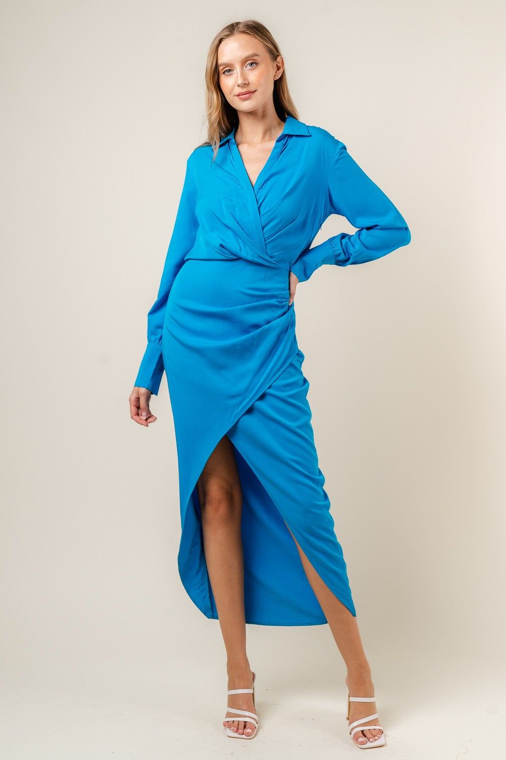 Vintage Blue Surplice Elegant Long Sleeve Wrap Maxi Dress sold by Pinkblush