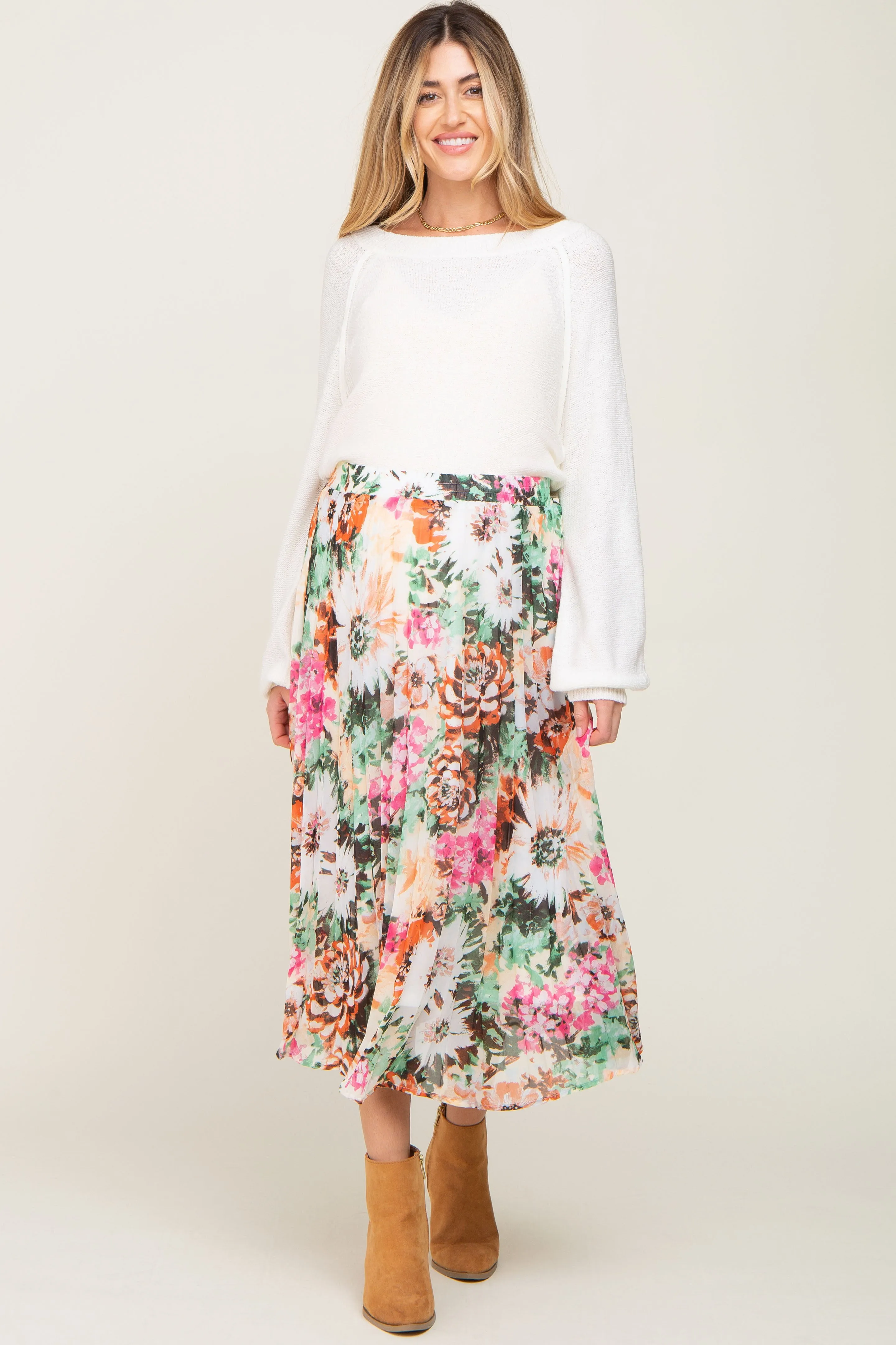 Orange Floral Pleated Maternity Midi Skirt sold by Pinkblush