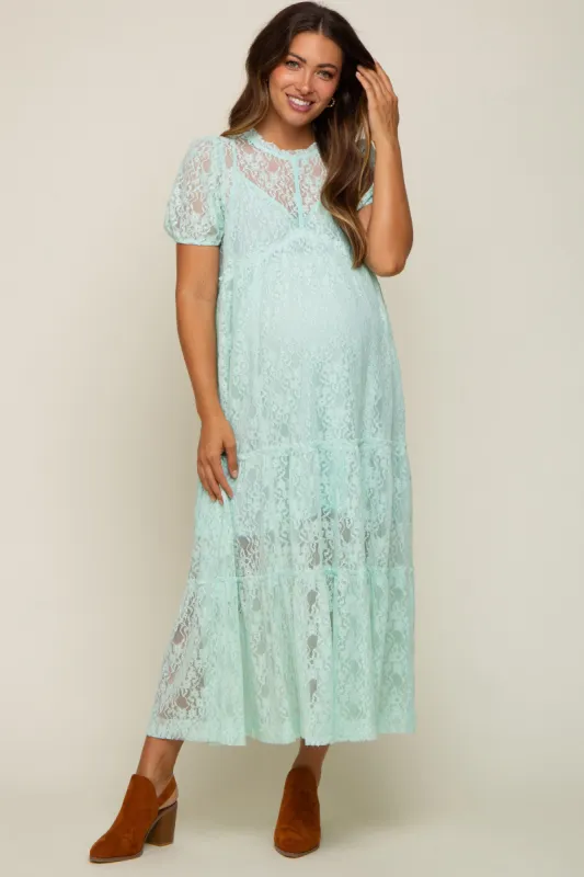Mint Lace Tiered Maternity Midi Dress sold by Pinkblush