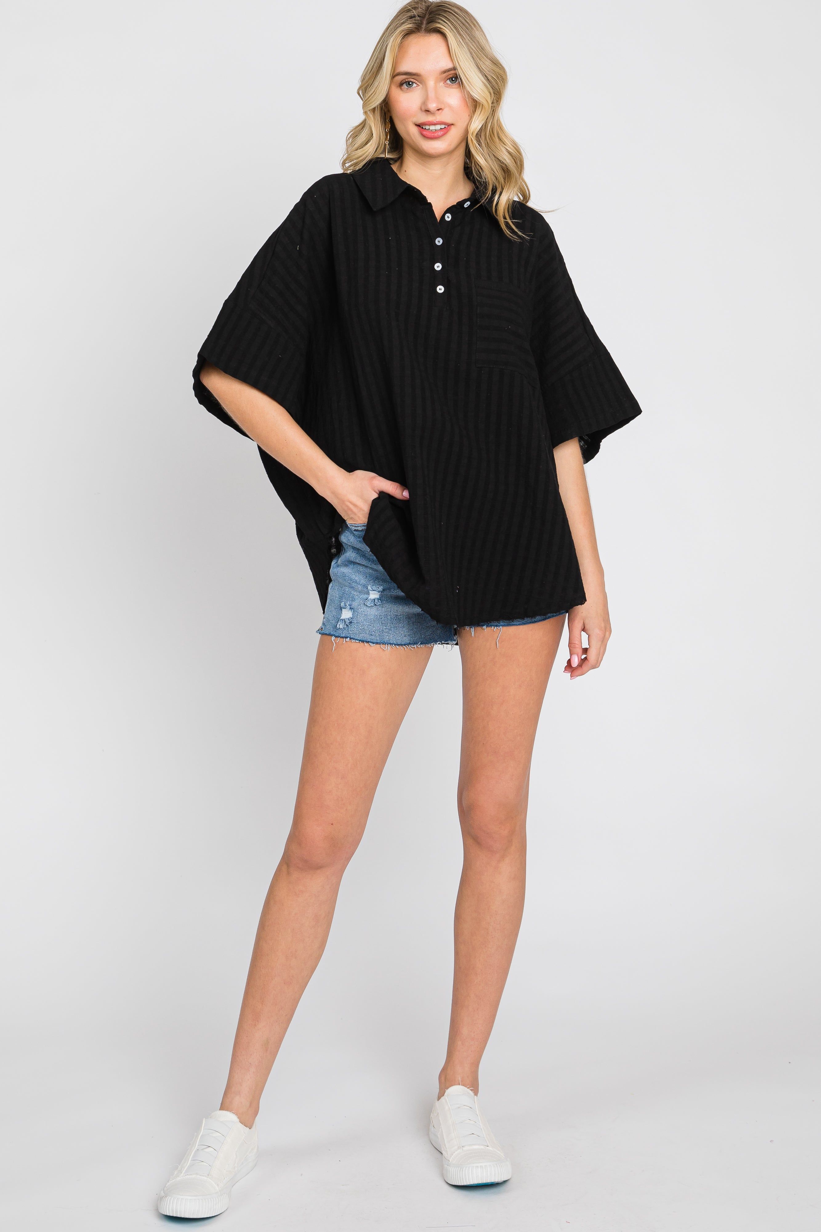 Black Striped Collared Top sold by Pinkblush