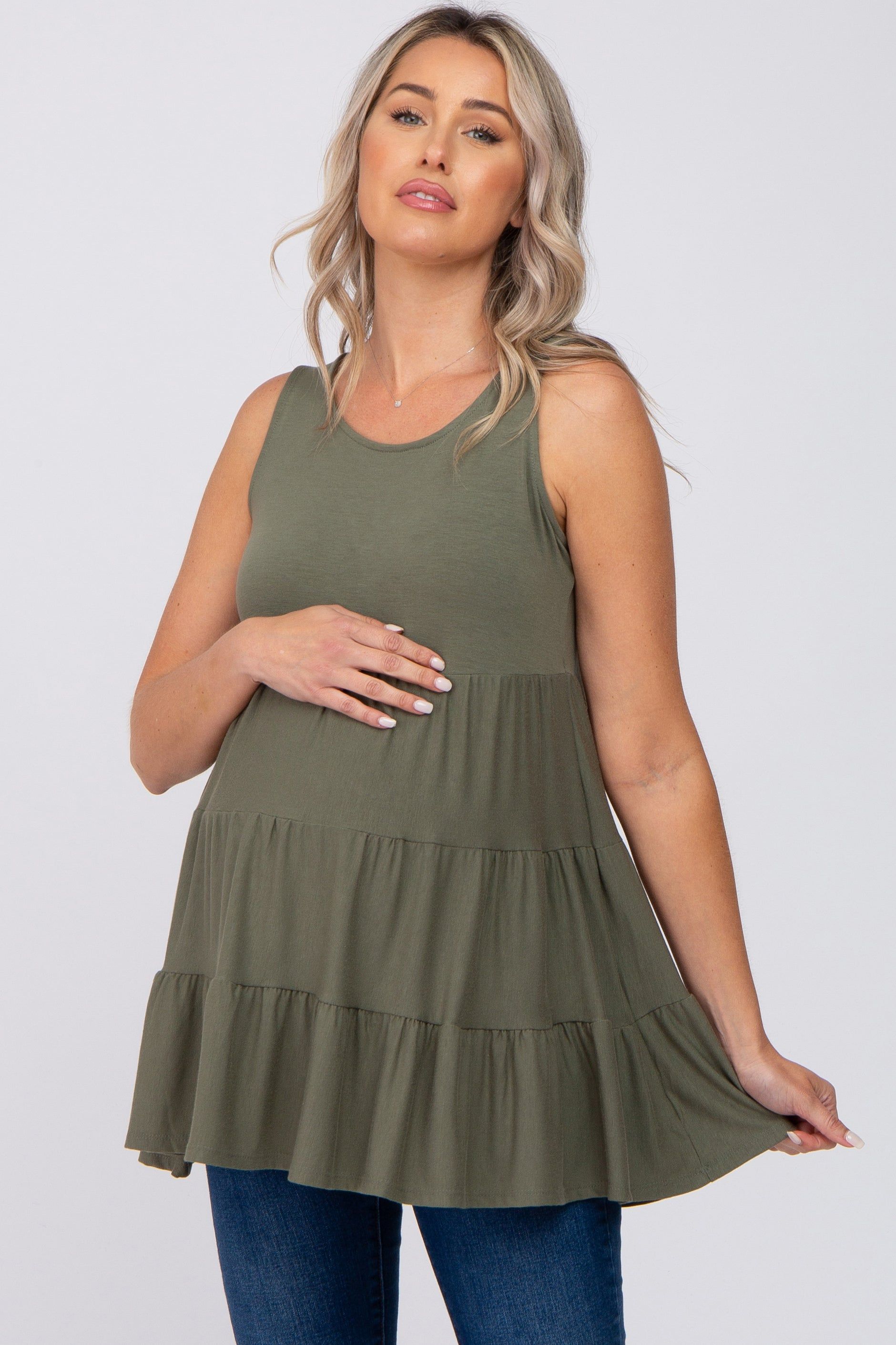 Olive Tiered Sleeveless Maternity Top sold by Pinkblush product image thumbnail 2