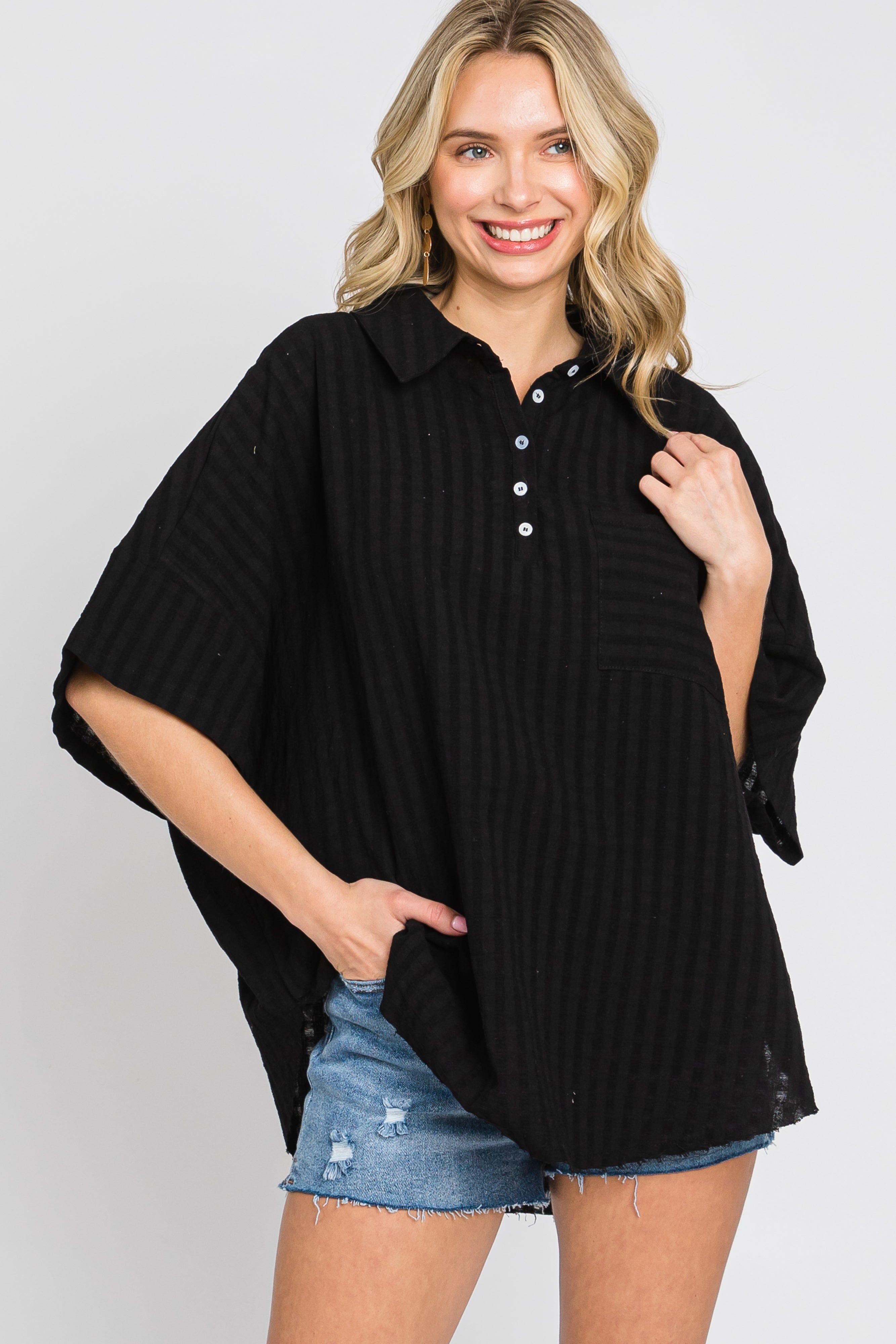 Black Striped Collared Top sold by Pinkblush product image thumbnail 2