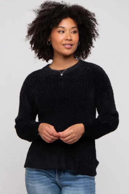 Black Fuzzy Ribbed Knit Sweater sold by Pinkblush