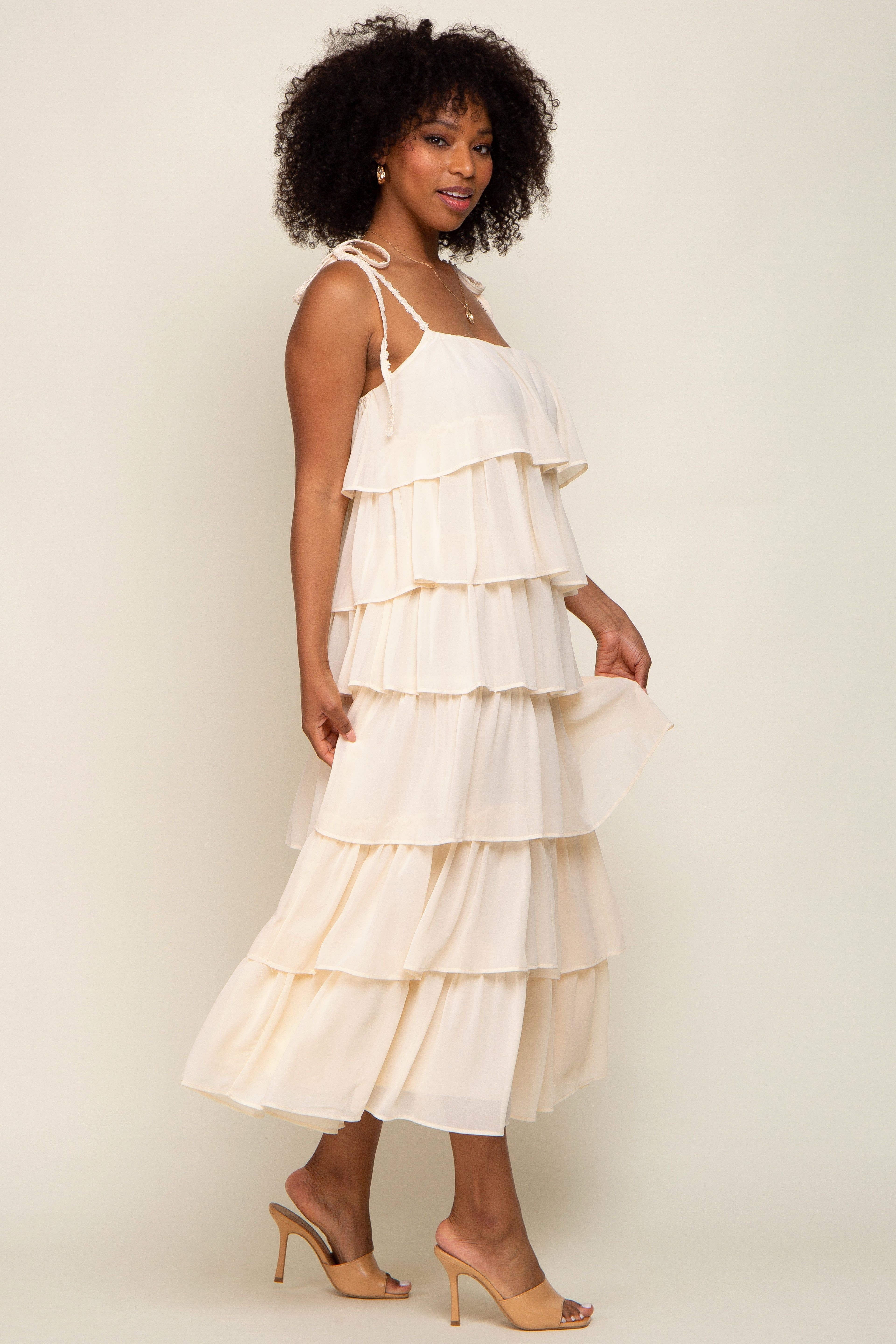 Cream Lace Shoulder Tie Ruffle Tiered Midi Dress sold by Pinkblush product image thumbnail 2