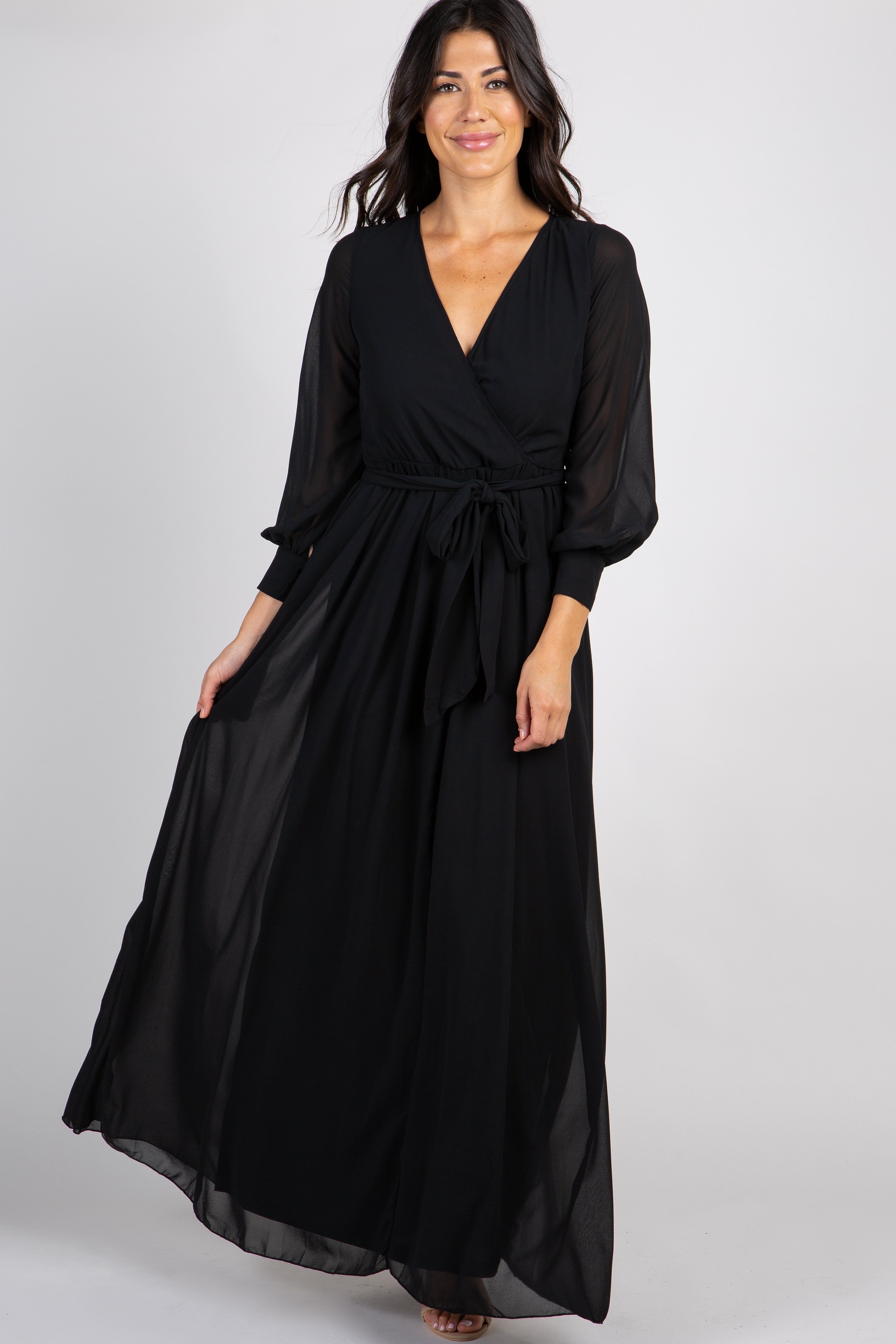 PinkBlush Black Chiffon Long Sleeve Pleated Maternity Maxi Dress sold by Pinkblush product image thumbnail 4