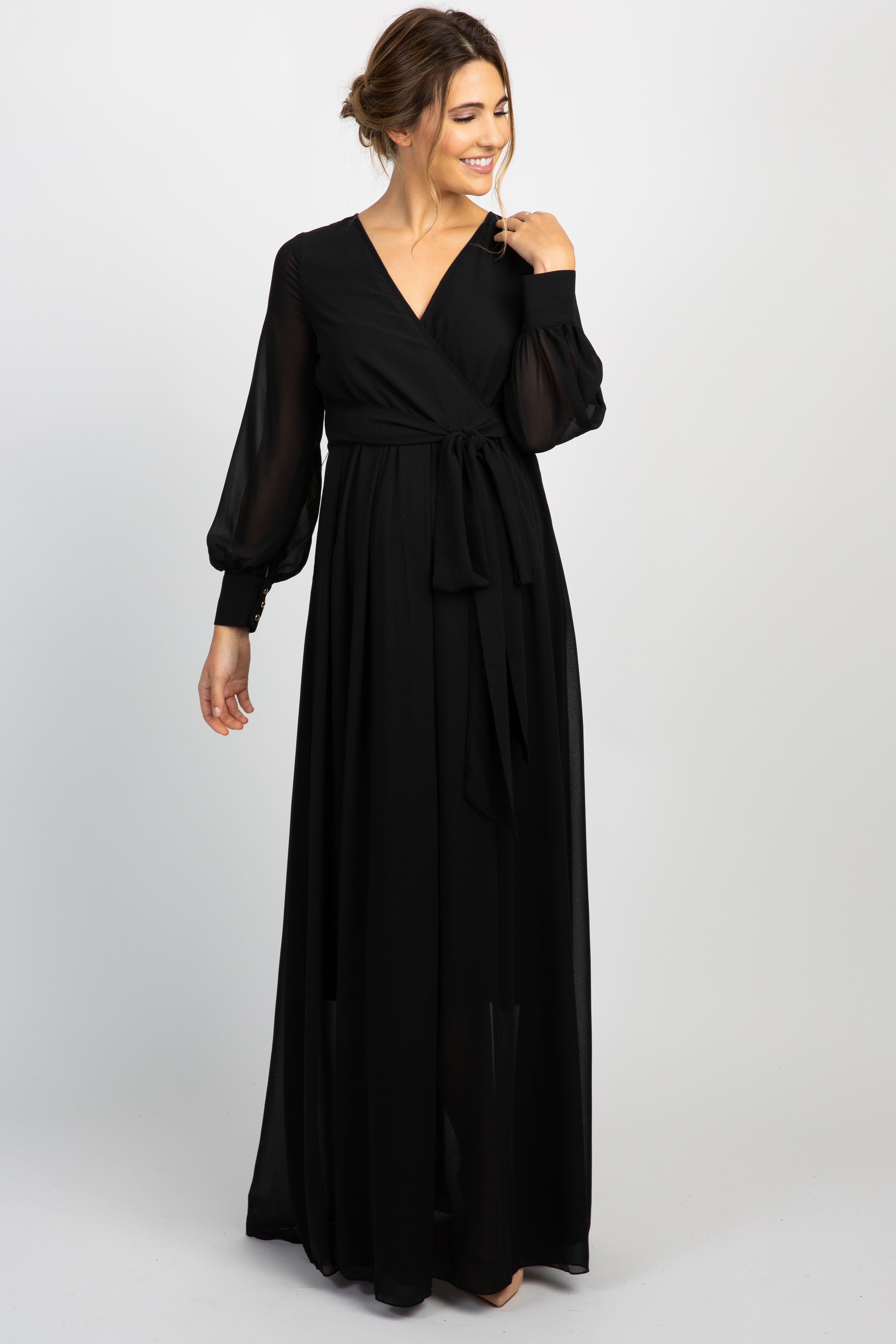PinkBlush Black Chiffon Long Sleeve Pleated Maternity Maxi Dress sold by Pinkblush
