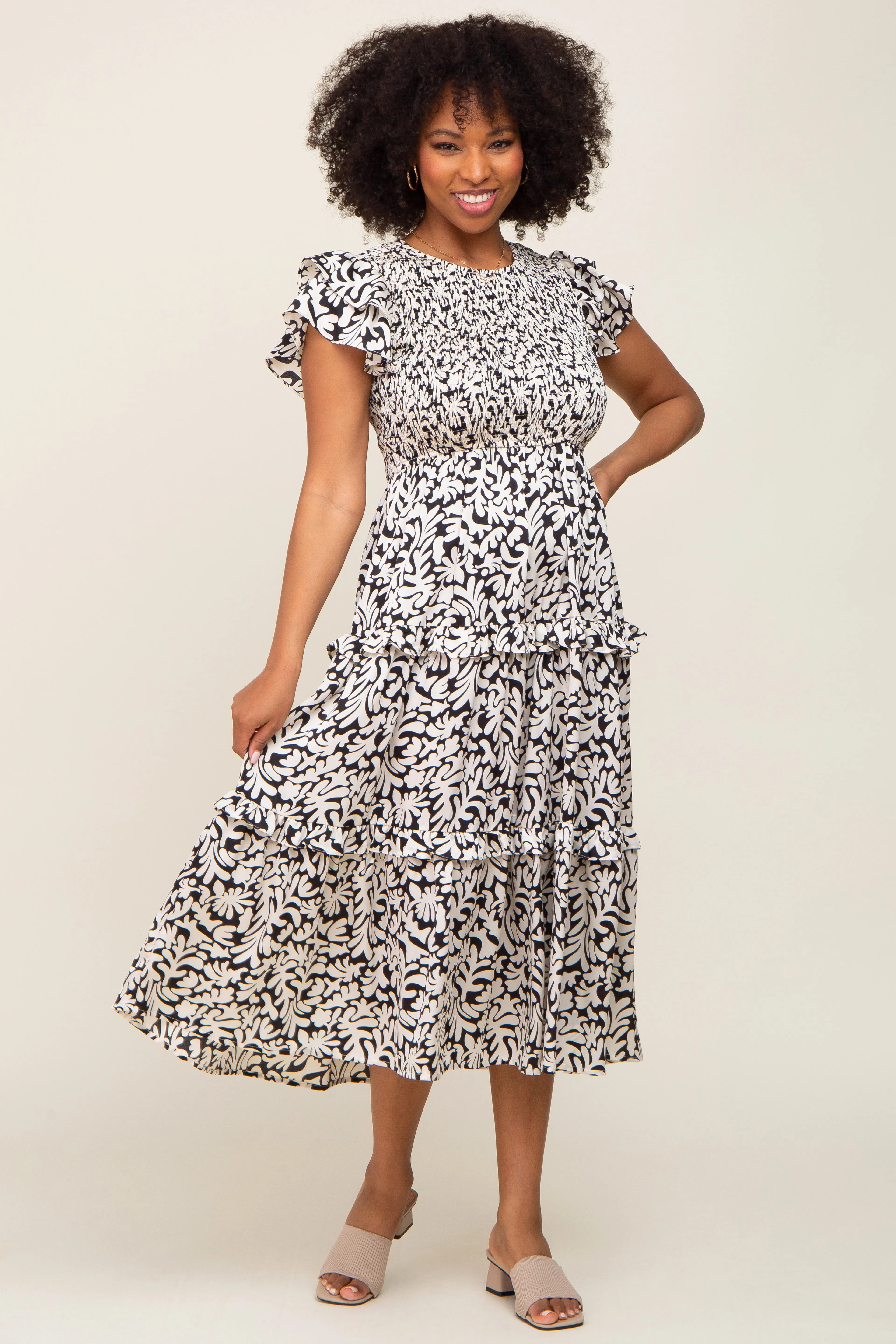 Black Smocked Ruffle Tiered Maternity Midi Dress sold by Pinkblush product image thumbnail 5