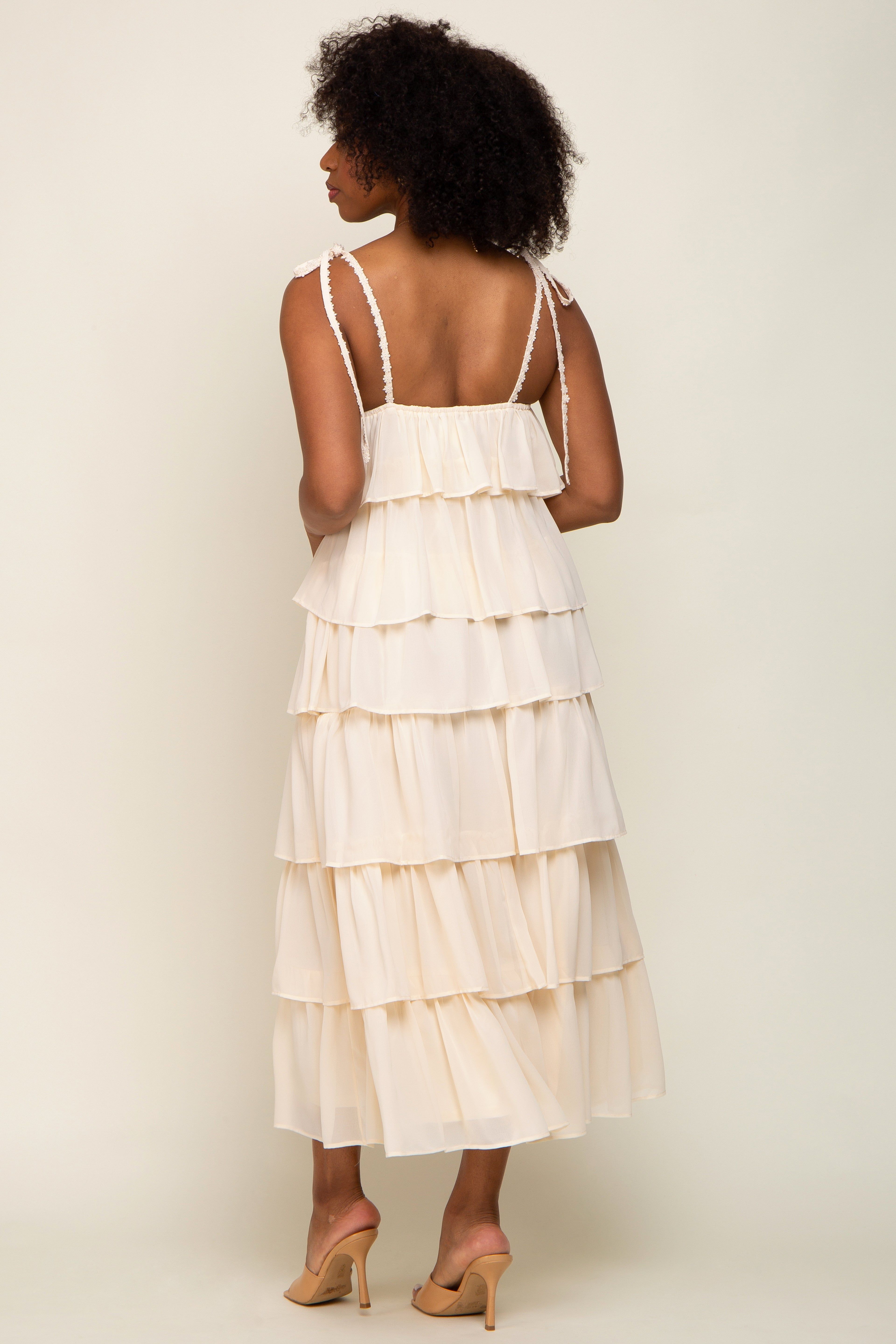 Cream Lace Shoulder Tie Ruffle Tiered Midi Dress sold by Pinkblush product image thumbnail 3