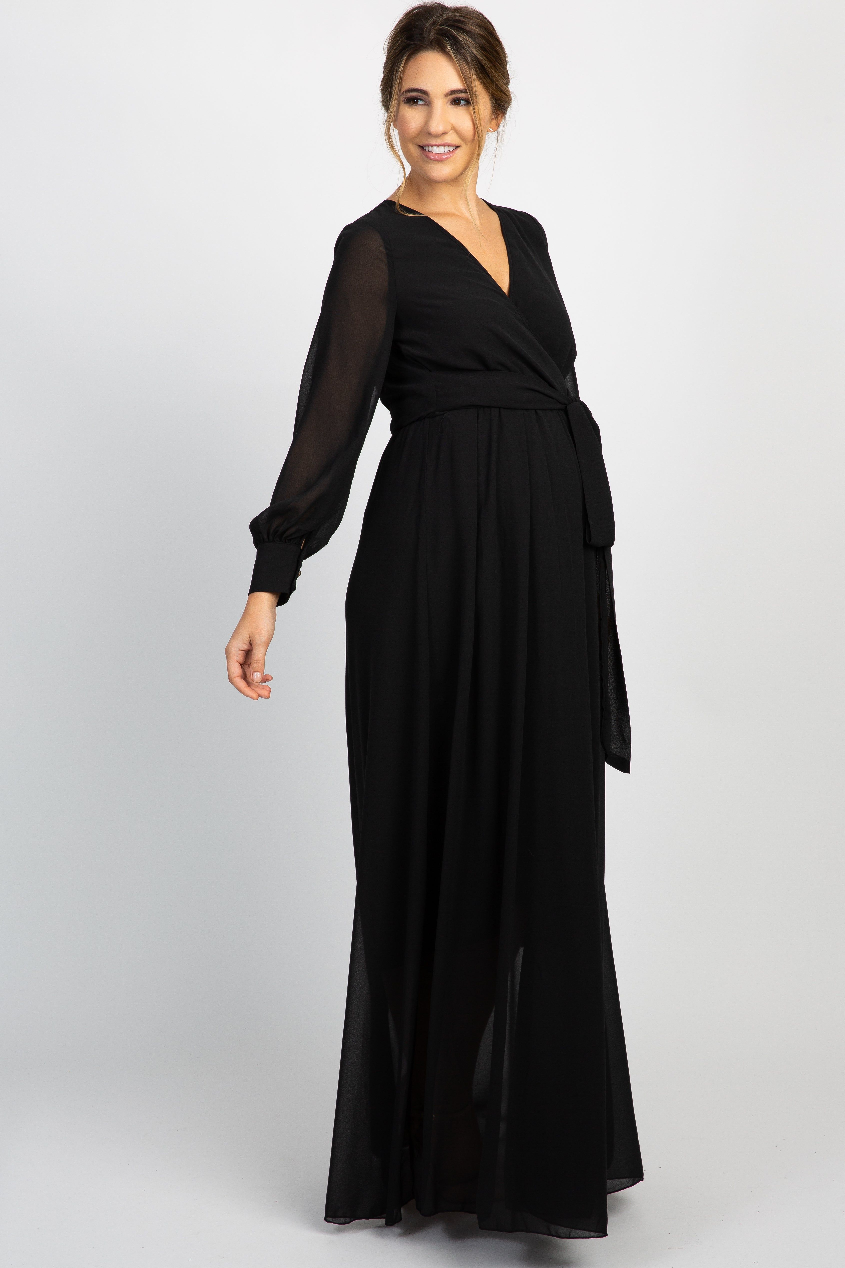 PinkBlush Black Chiffon Long Sleeve Pleated Maternity Maxi Dress sold by Pinkblush product image thumbnail 2