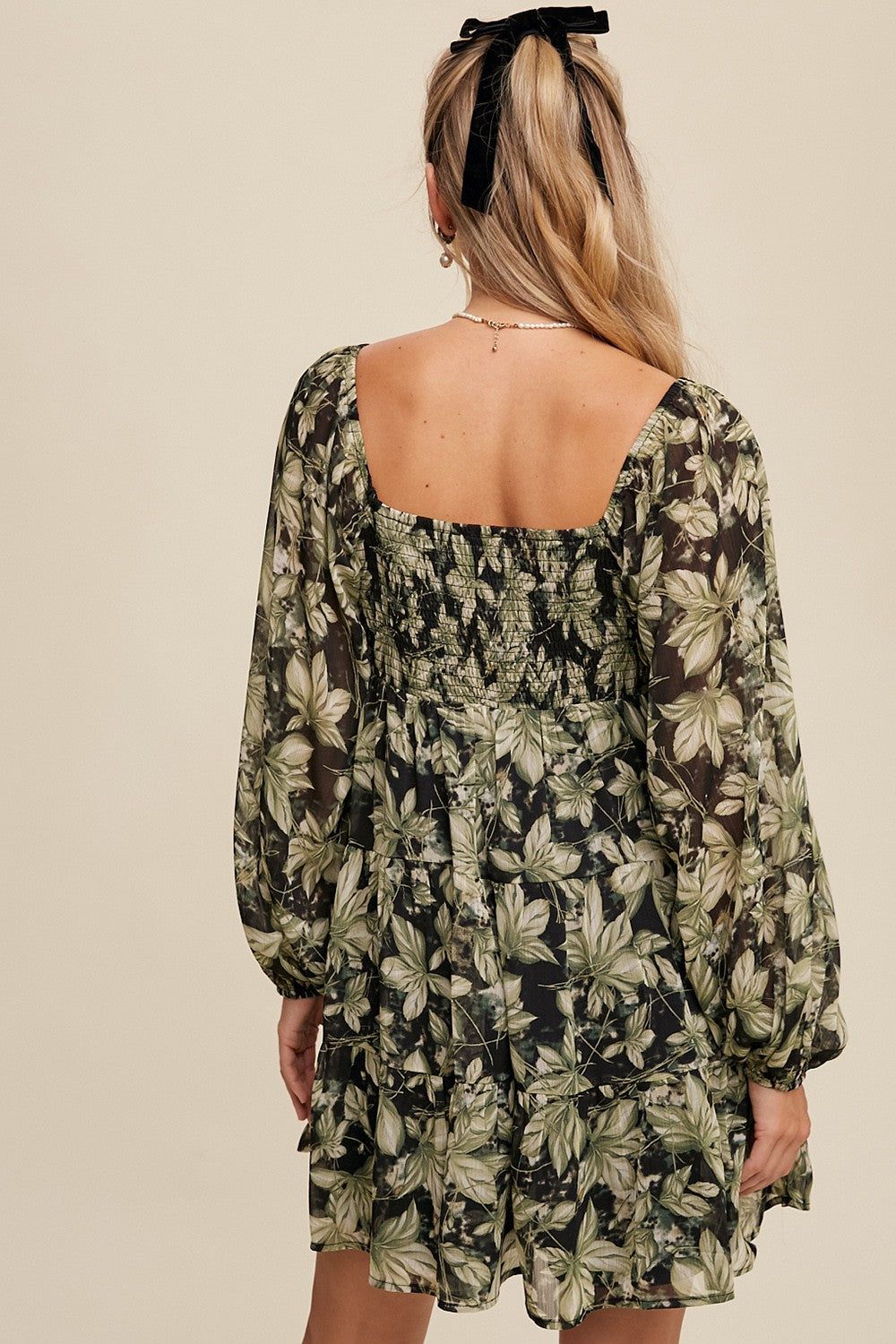 Light Green Leaf Print Square Neck Tiered Mini Dress sold by Pinkblush product image thumbnail 3