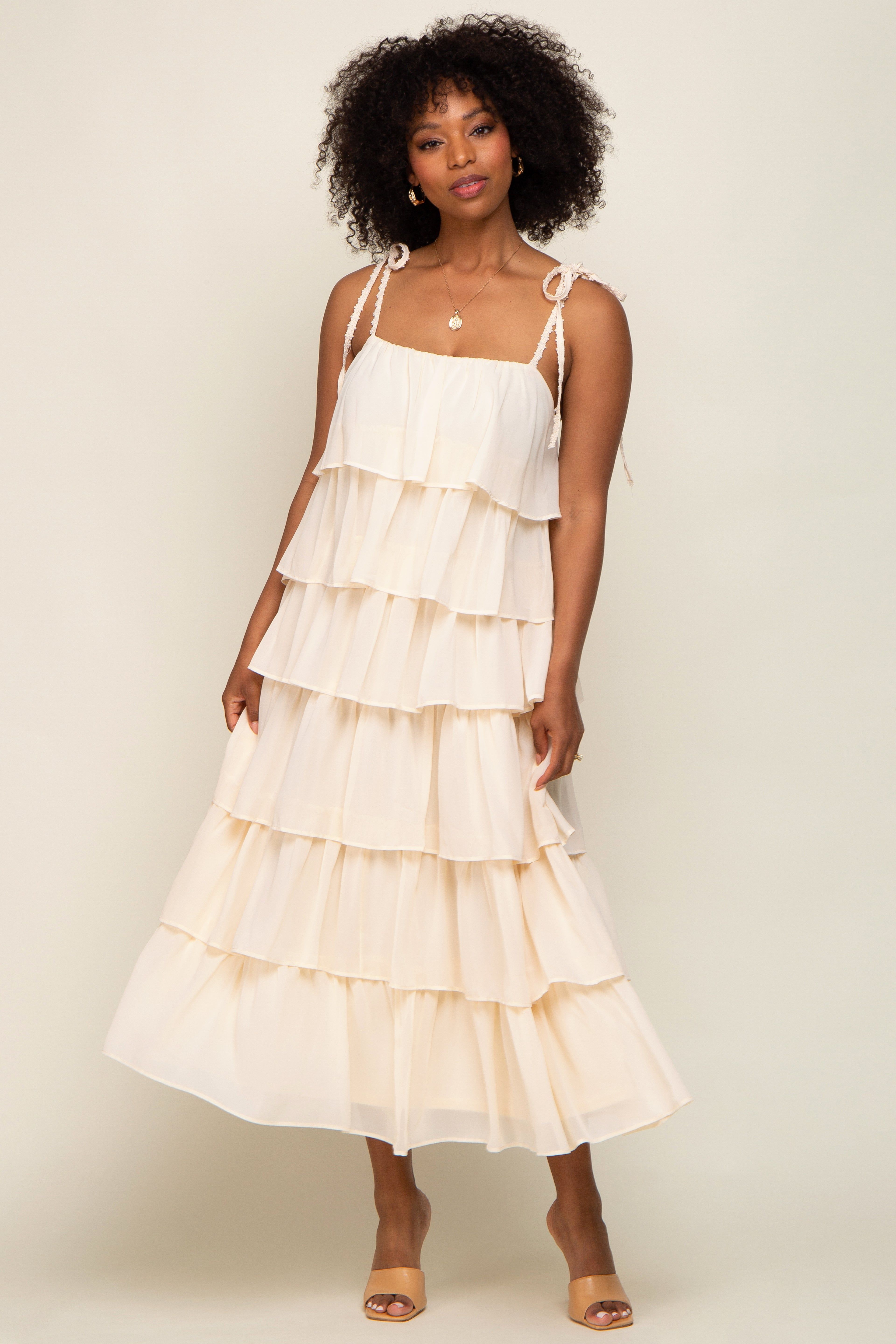 Cream Lace Shoulder Tie Ruffle Tiered Midi Dress sold by Pinkblush product image thumbnail 4