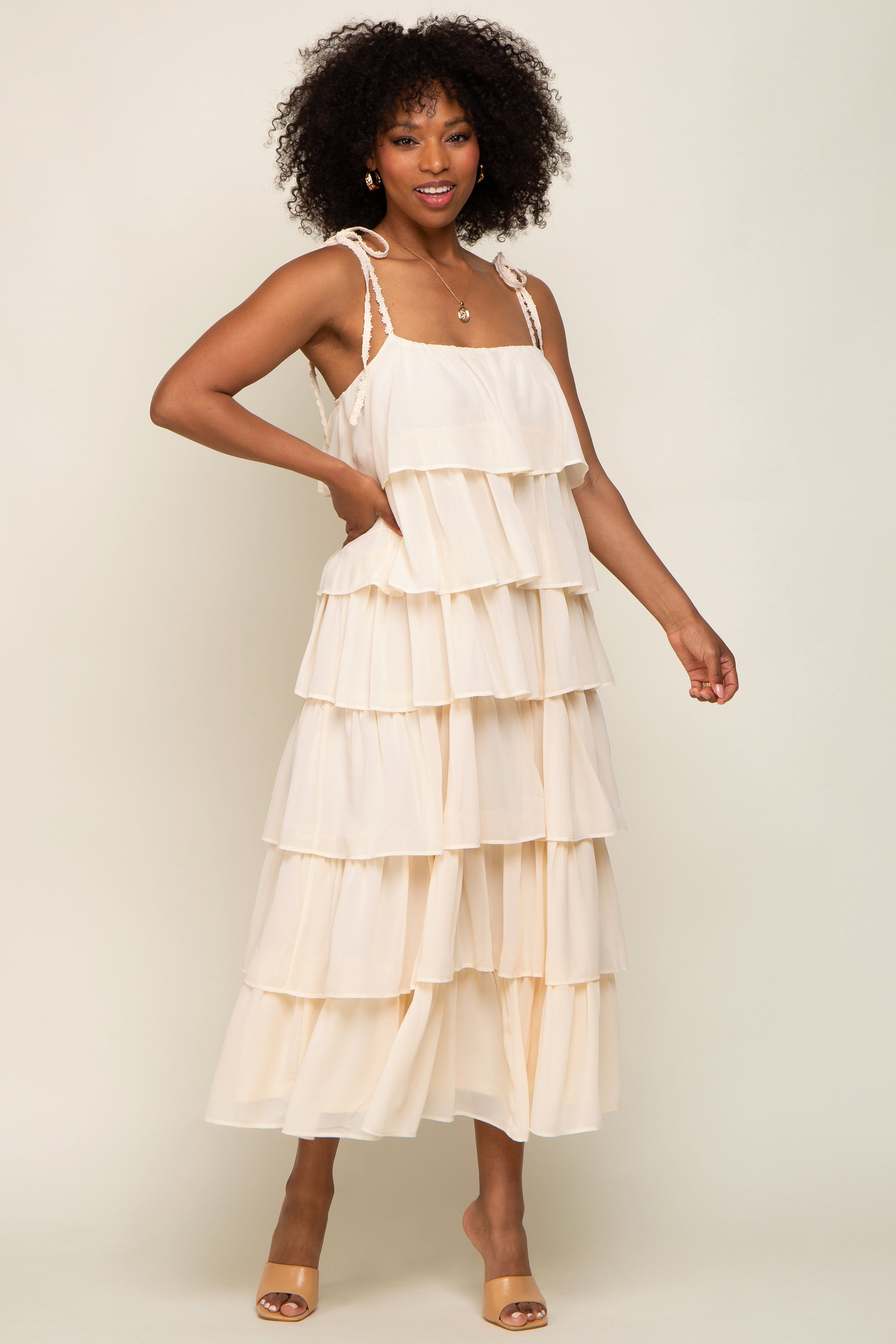 Cream Lace Shoulder Tie Ruffle Tiered Midi Dress sold by Pinkblush