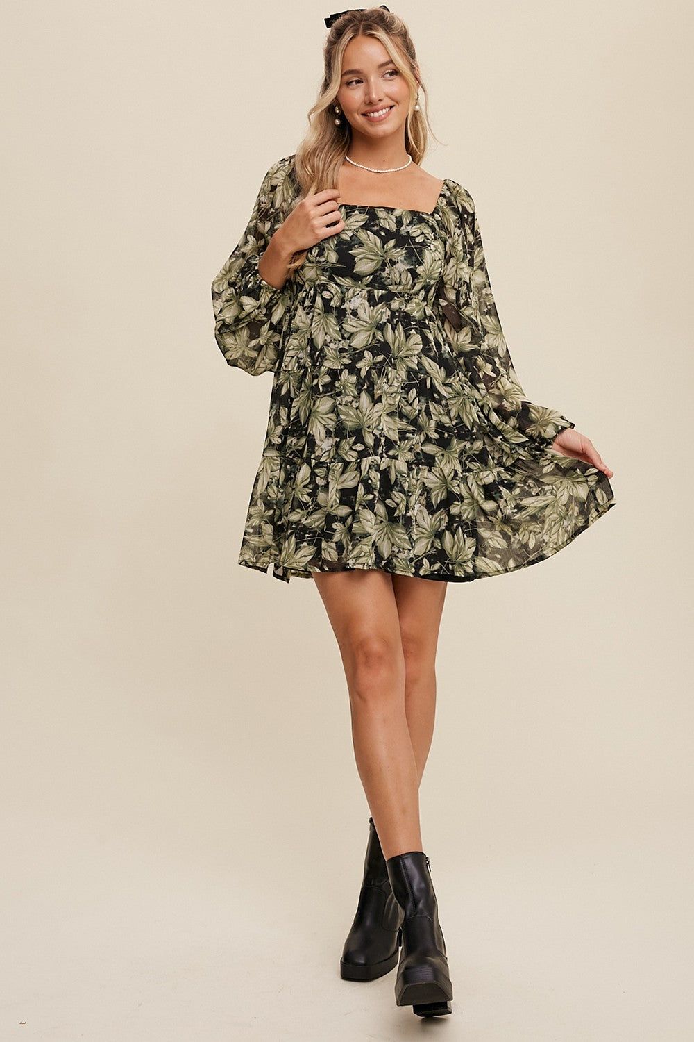 Light Green Leaf Print Square Neck Tiered Mini Dress sold by Pinkblush product image thumbnail 4