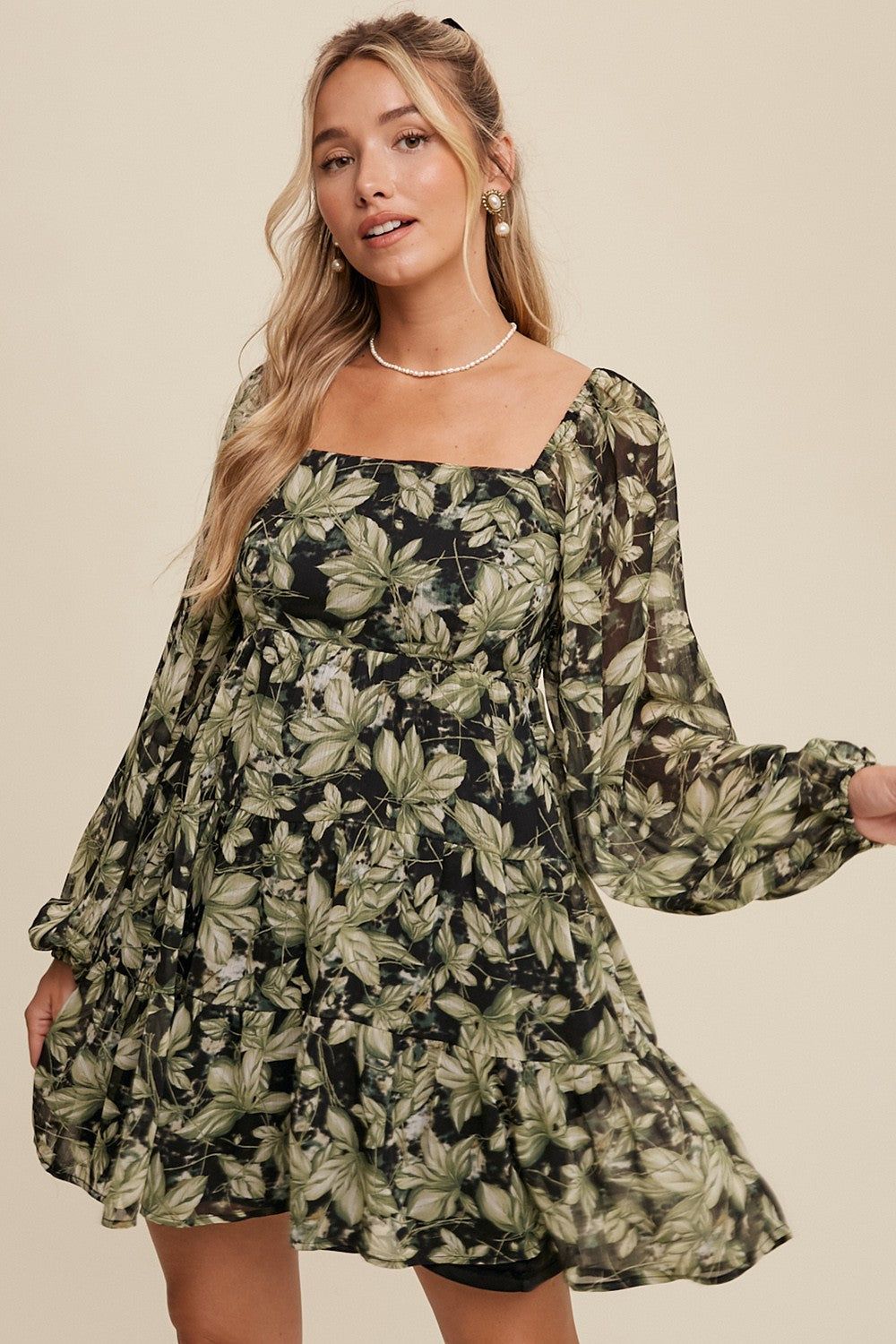 Light Green Leaf Print Square Neck Tiered Mini Dress sold by Pinkblush