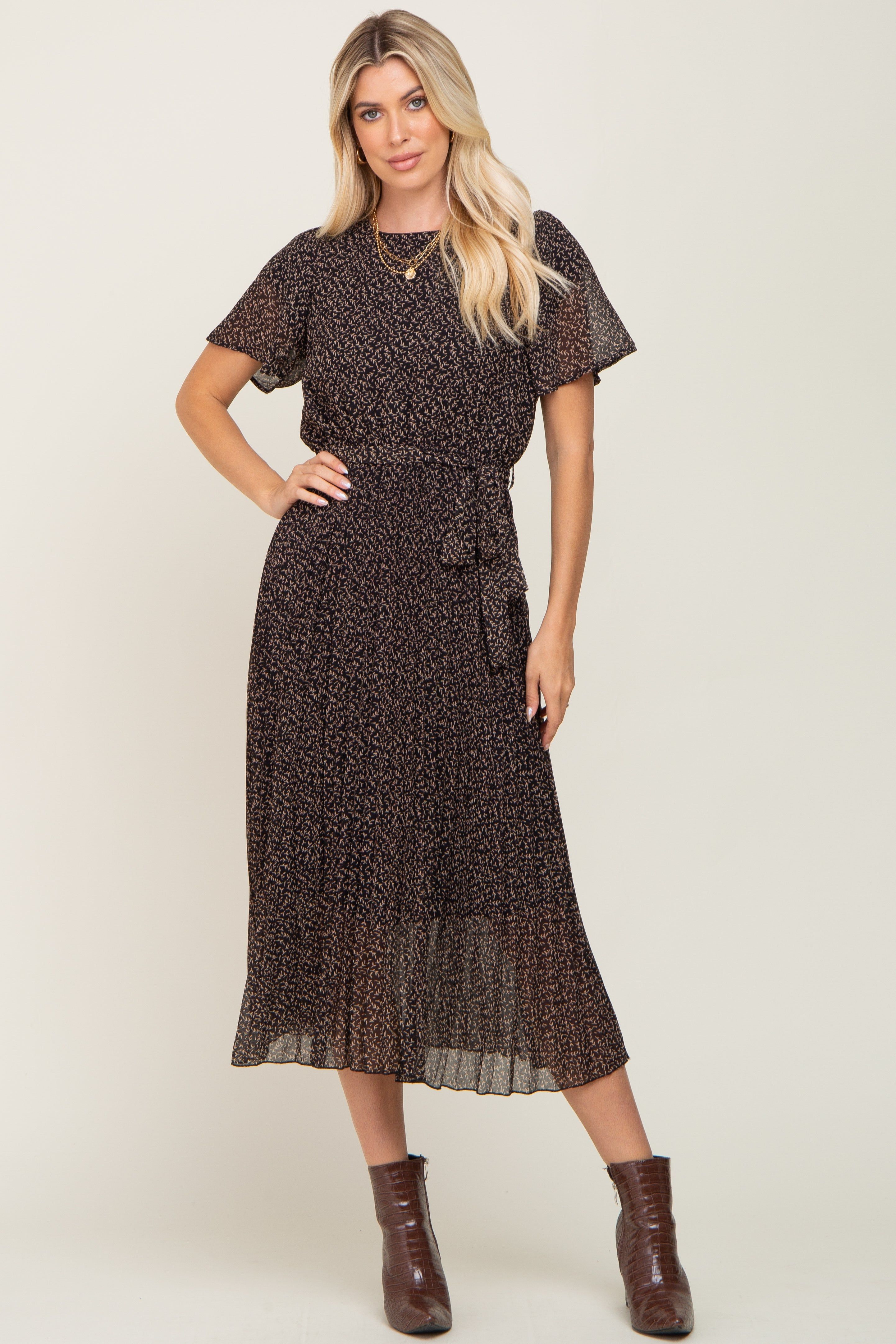 Black Floral Pleated Midi Dress sold by Pinkblush