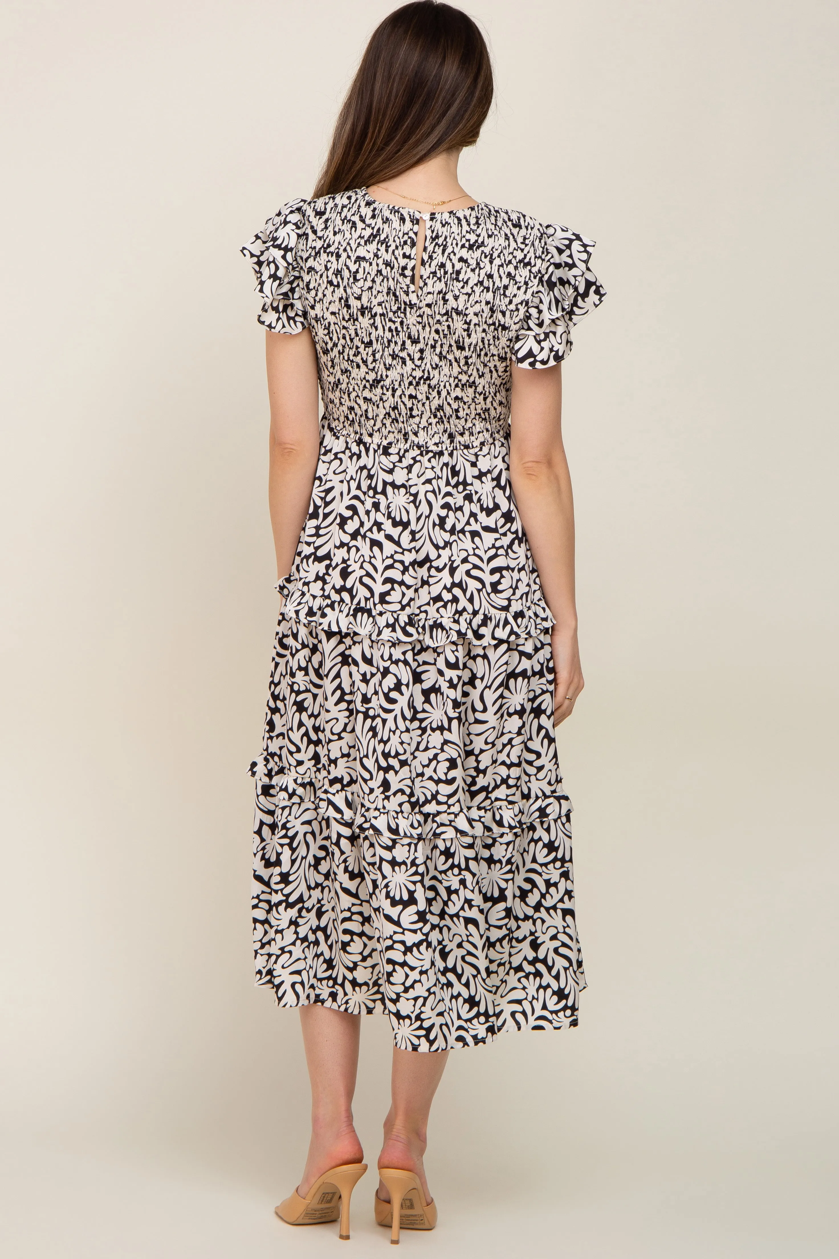 Black Smocked Ruffle Tiered Maternity Midi Dress sold by Pinkblush product image thumbnail 4