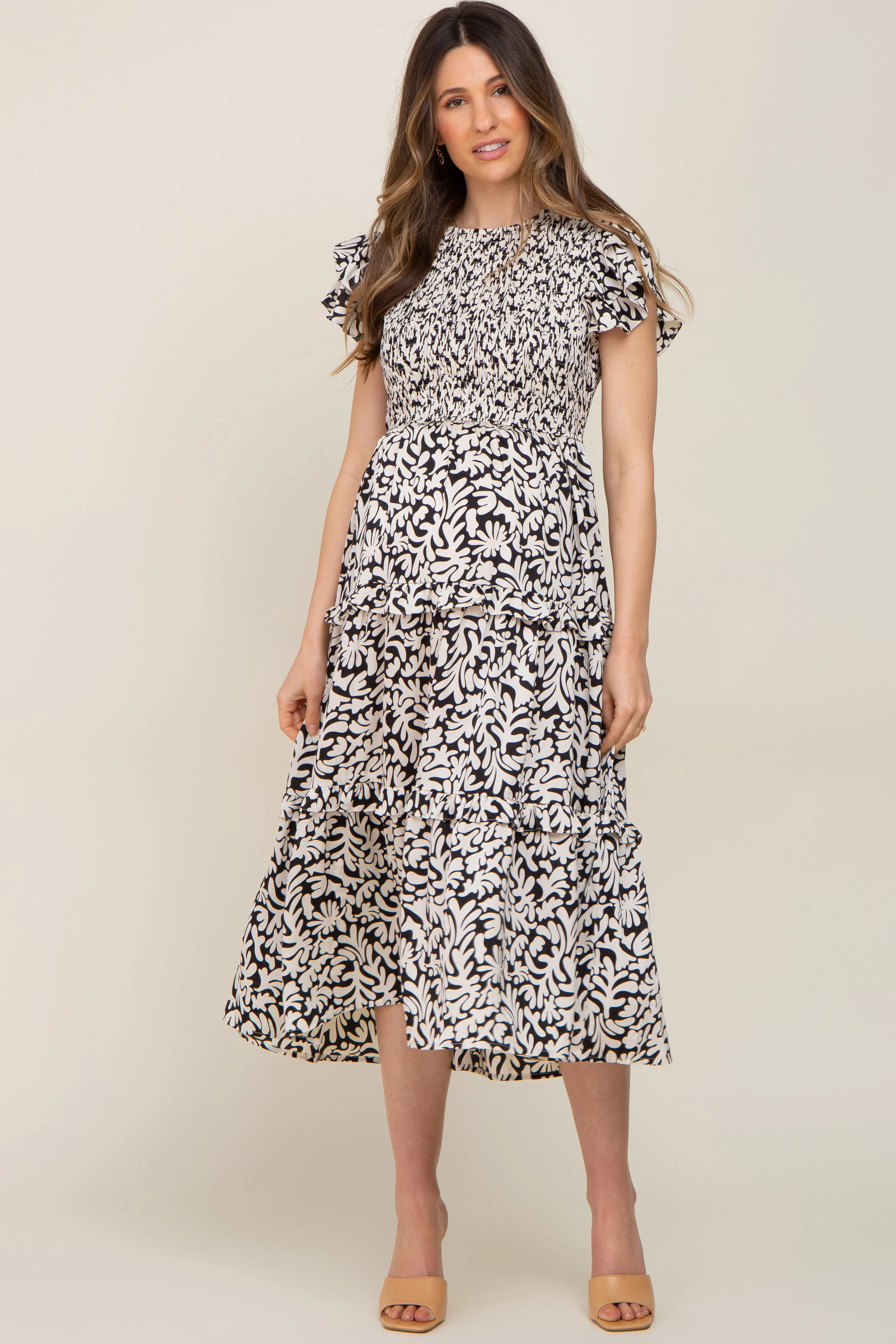 Black Smocked Ruffle Tiered Maternity Midi Dress sold by Pinkblush