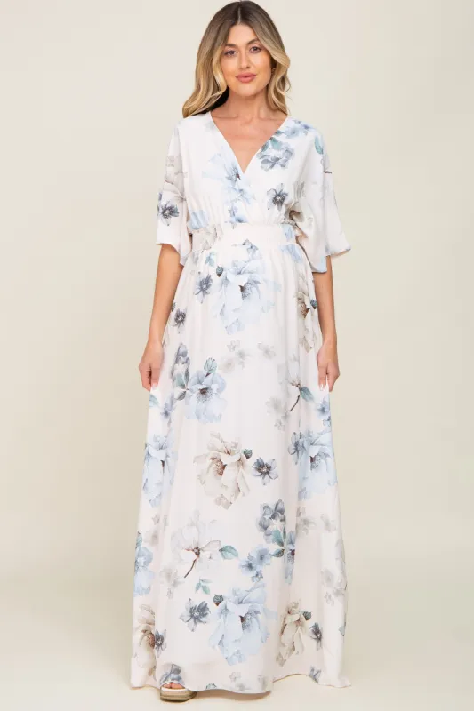 Blue Floral Double V-Neck Dolman Short Sleeve Side Slit Maternity Maxi Dress sold by Pinkblush