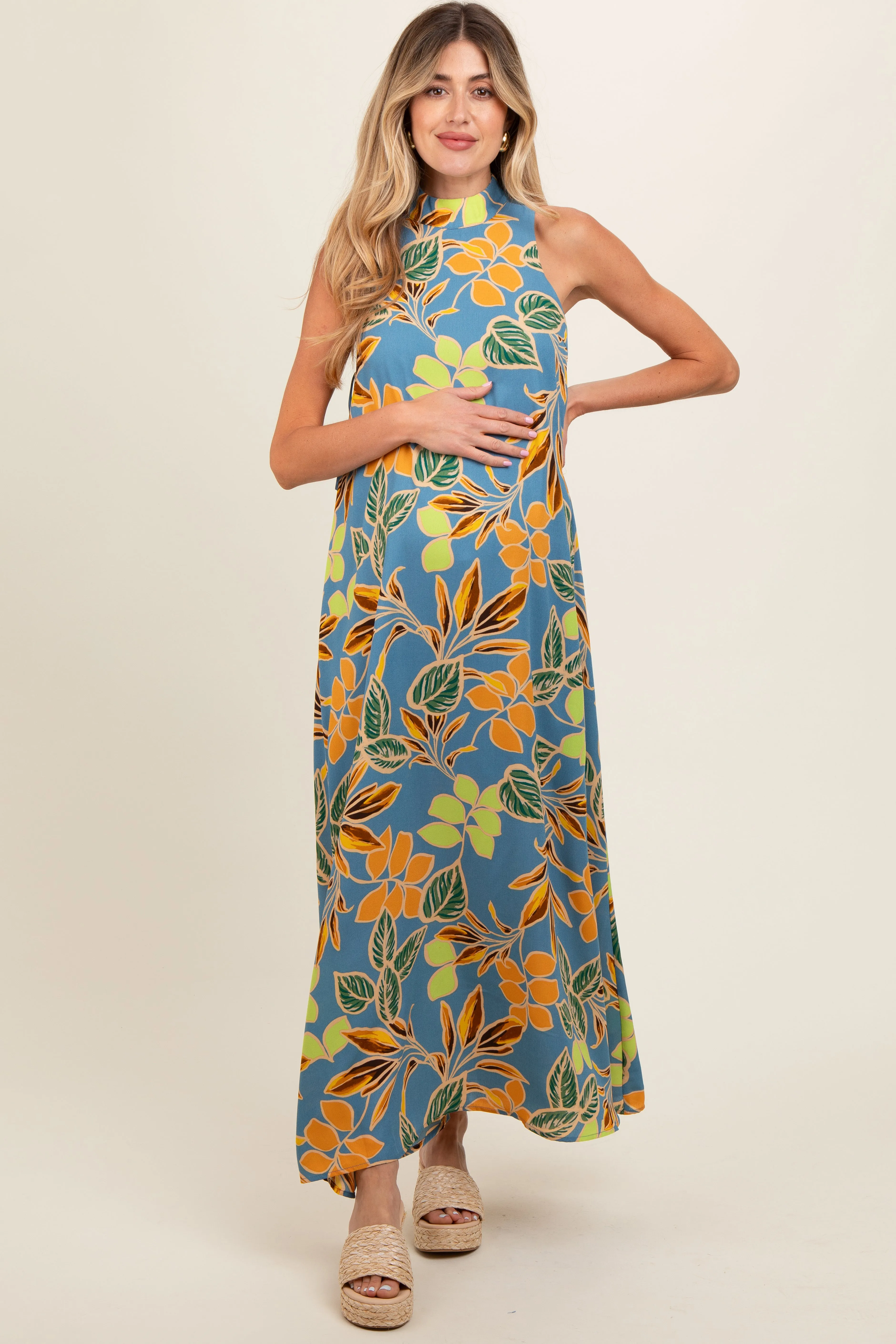 Blue Floral Halter Maternity Maxi Dress sold by Pinkblush