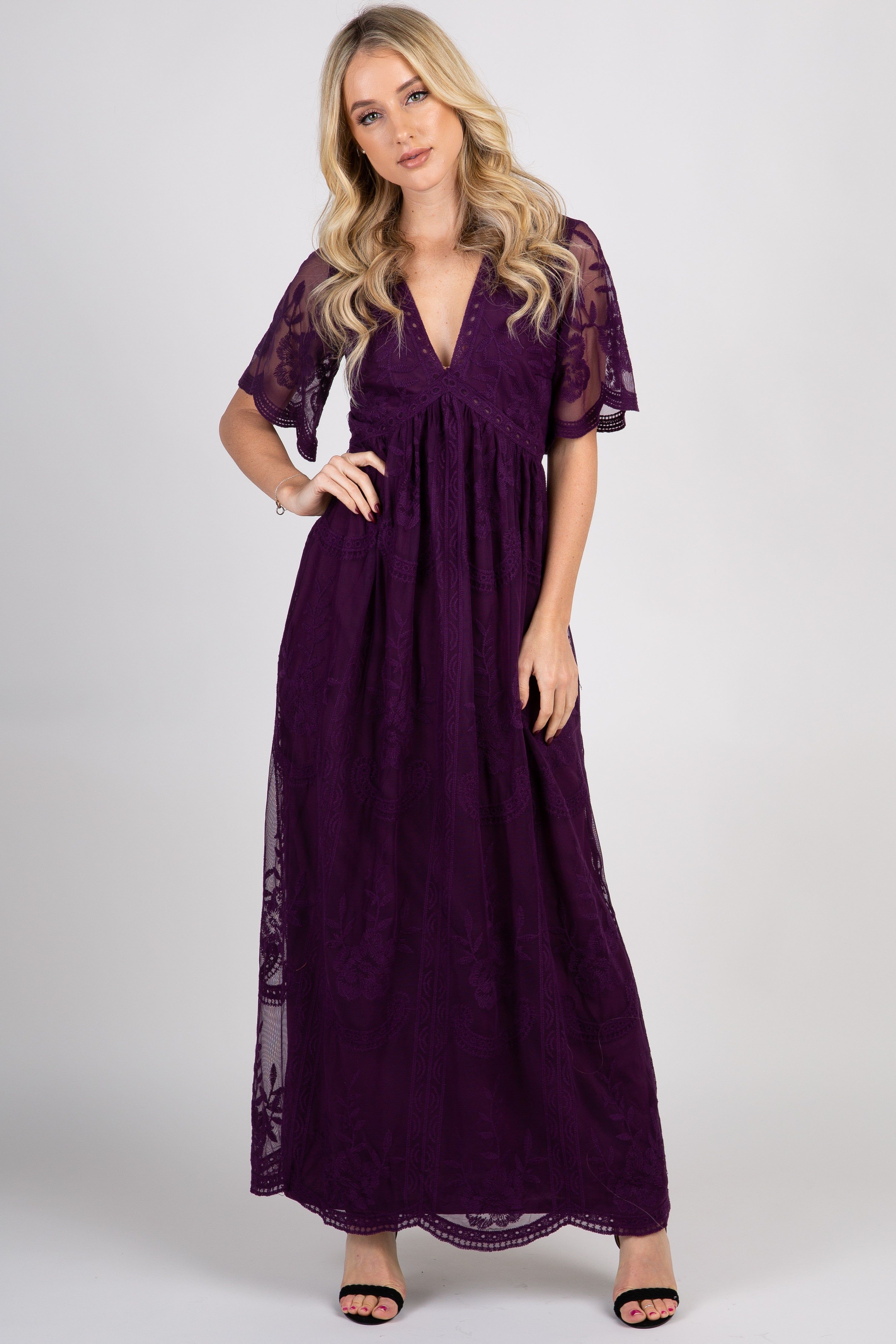 PinkBlush Plum Lace Mesh Overlay Maxi Dress sold by Pinkblush