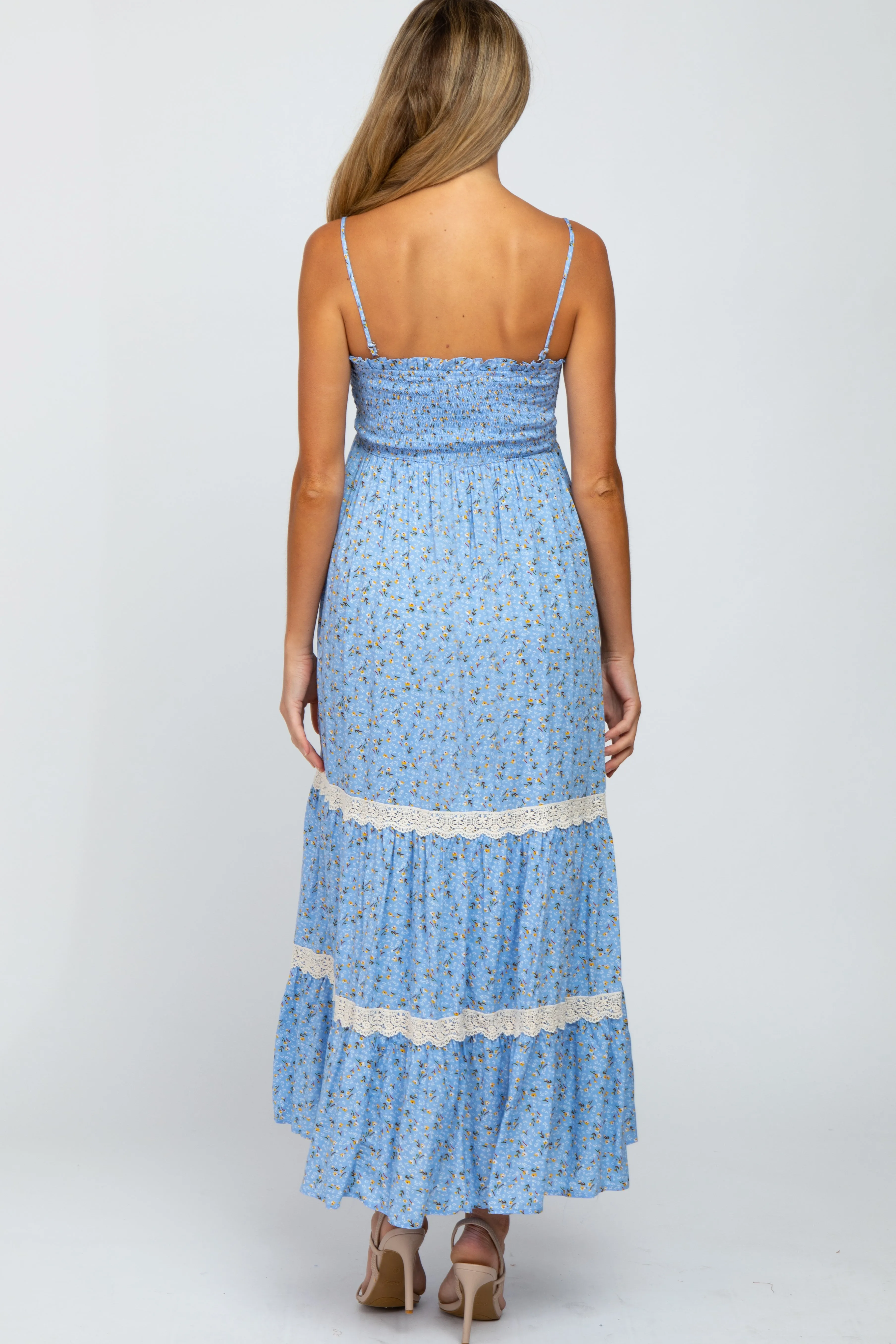Light Blue Floral Smocked Crochet Accent Maternity Maxi Dress sold by Pinkblush product image thumbnail 3