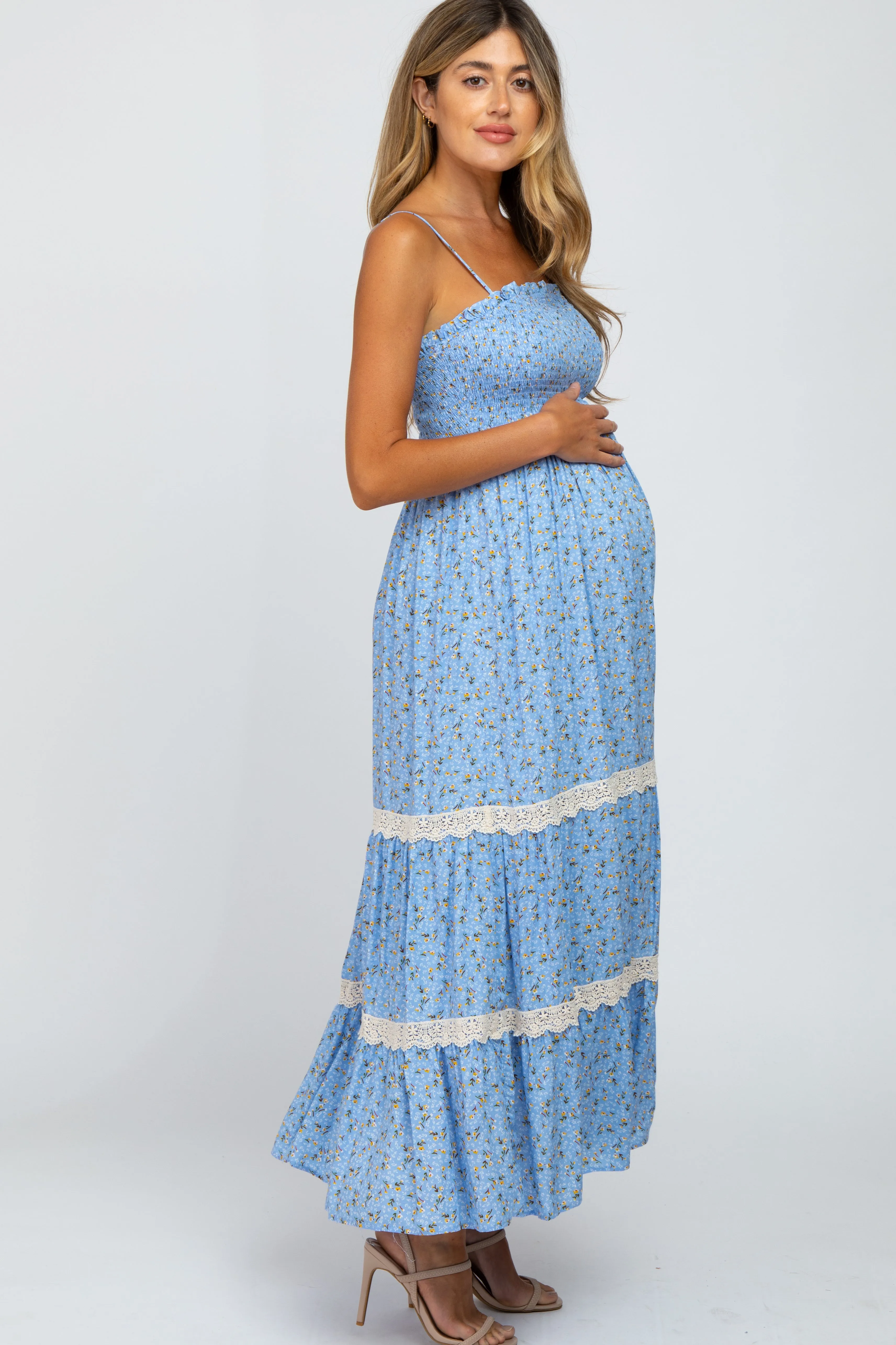 Light Blue Floral Smocked Crochet Accent Maternity Maxi Dress sold by Pinkblush product image thumbnail 2
