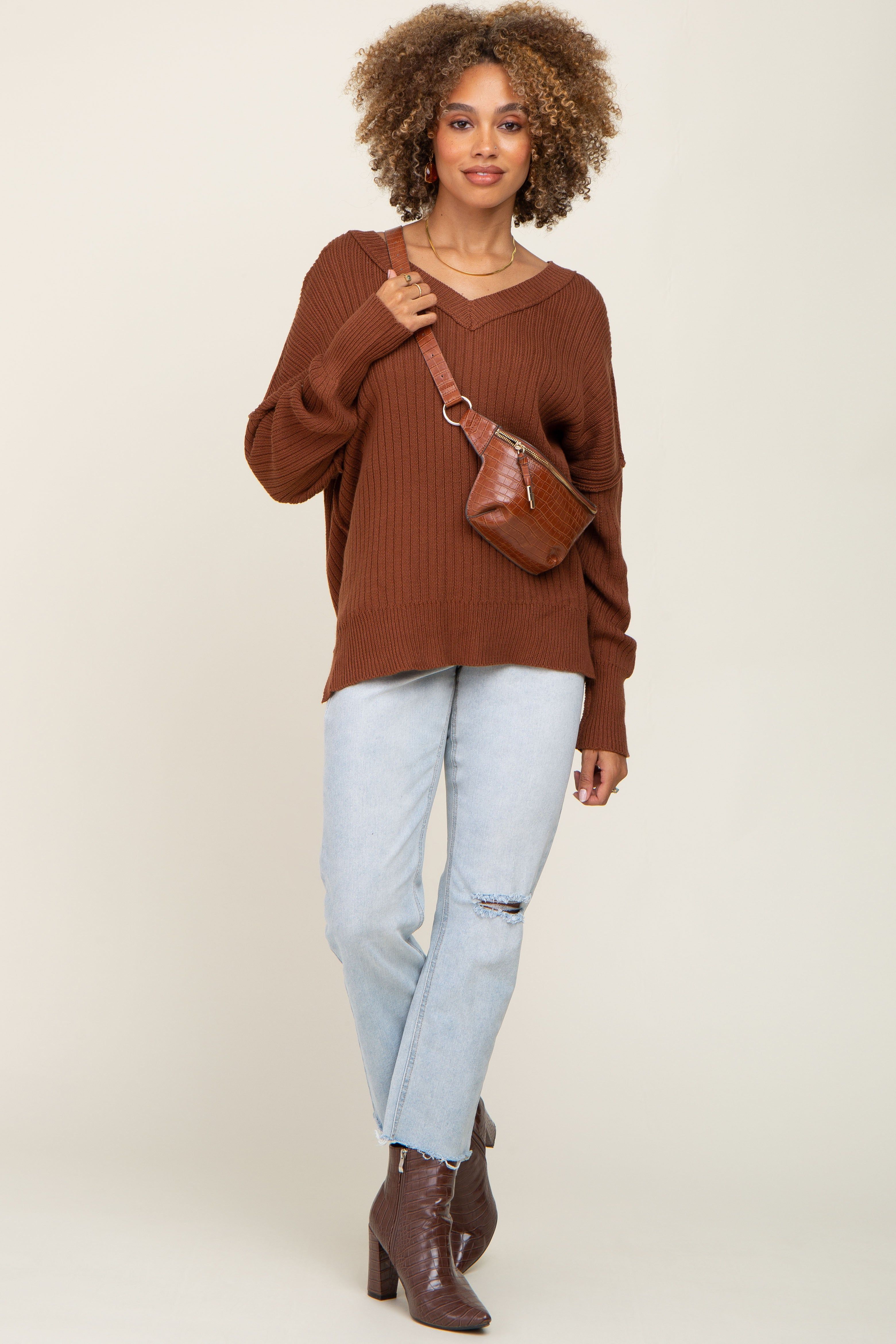 Brown V-Neck Oversized Sweater sold by Pinkblush product image thumbnail 5
