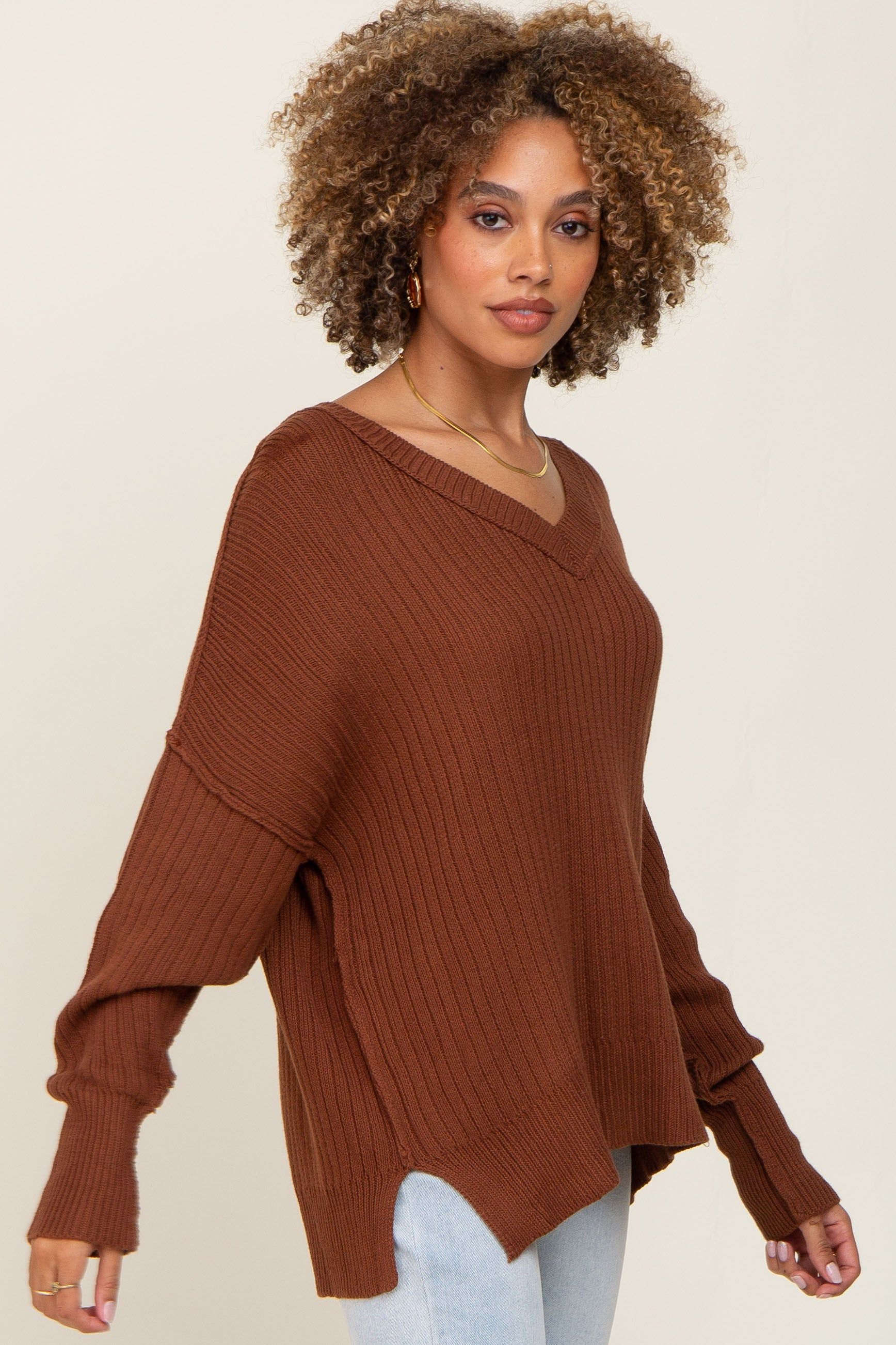 Brown V-Neck Oversized Sweater sold by Pinkblush product image thumbnail 2