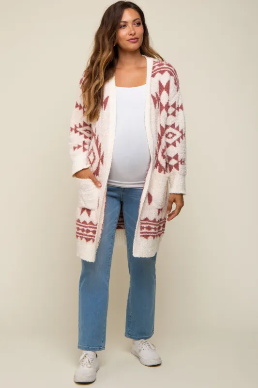 Cream Print Fuzzy Maternity Cardigan sold by Pinkblush