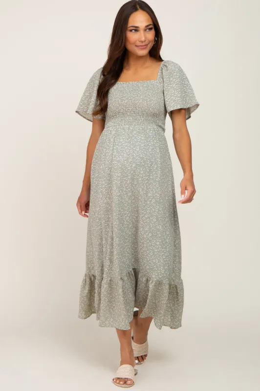Light Olive Floral Smocked Maternity Midi Dress sold by Pinkblush
