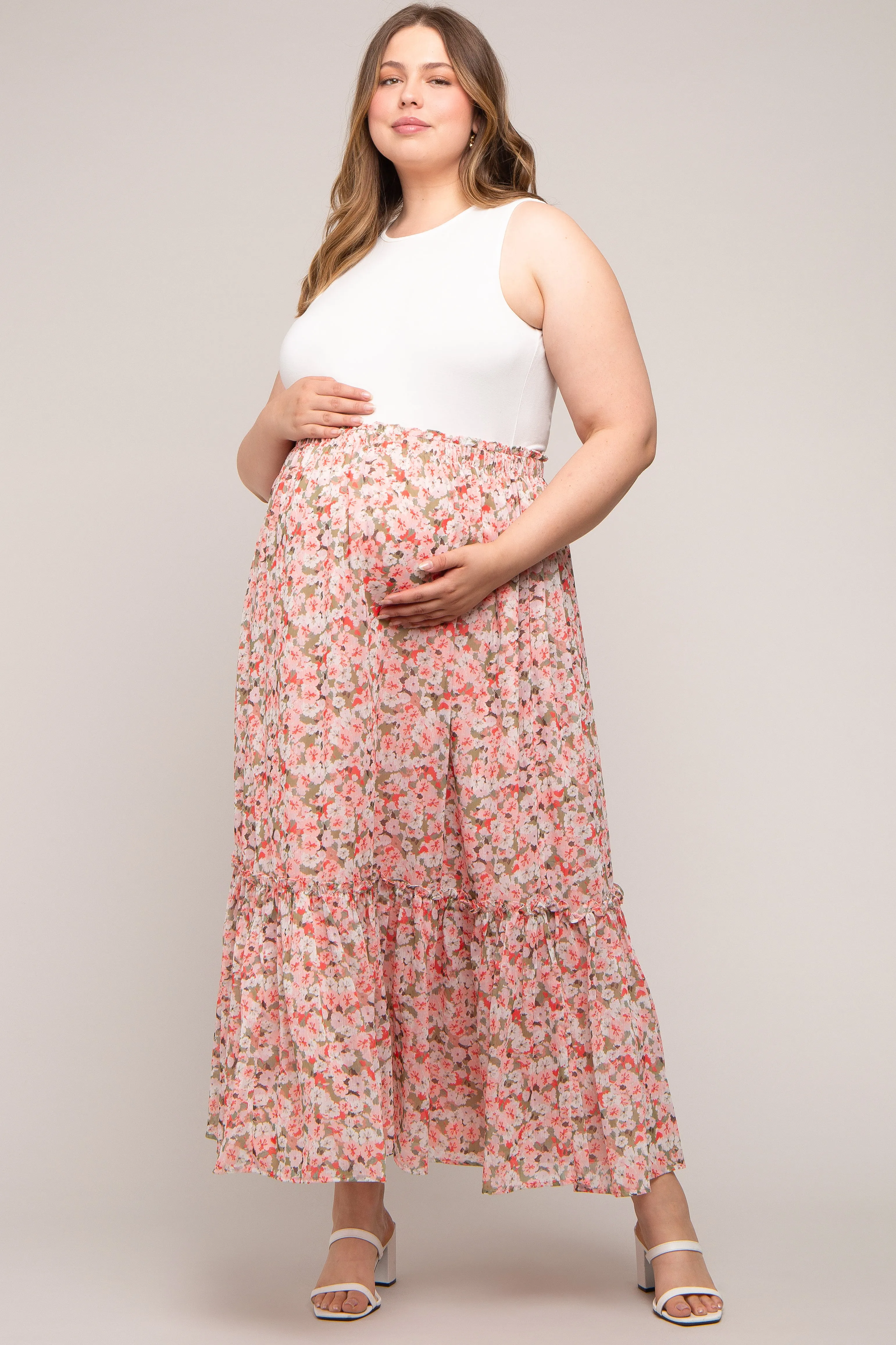 Pink Smocked Waist Tiered Maternity Plus Maxi Skirt sold by Pinkblush product image thumbnail 5