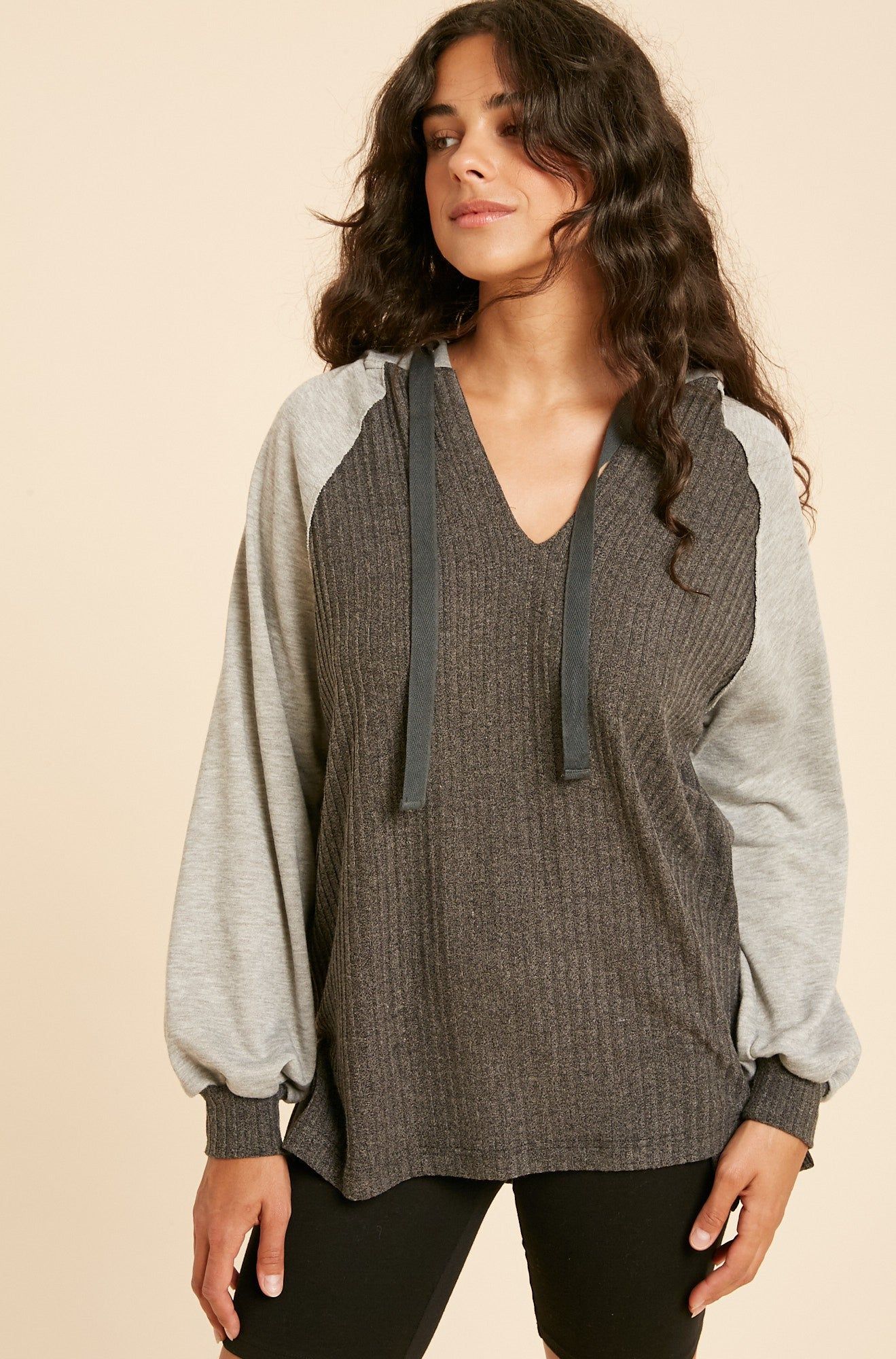 Charcoal Ribbed Knit Hoodie With Contrast sold by Pinkblush