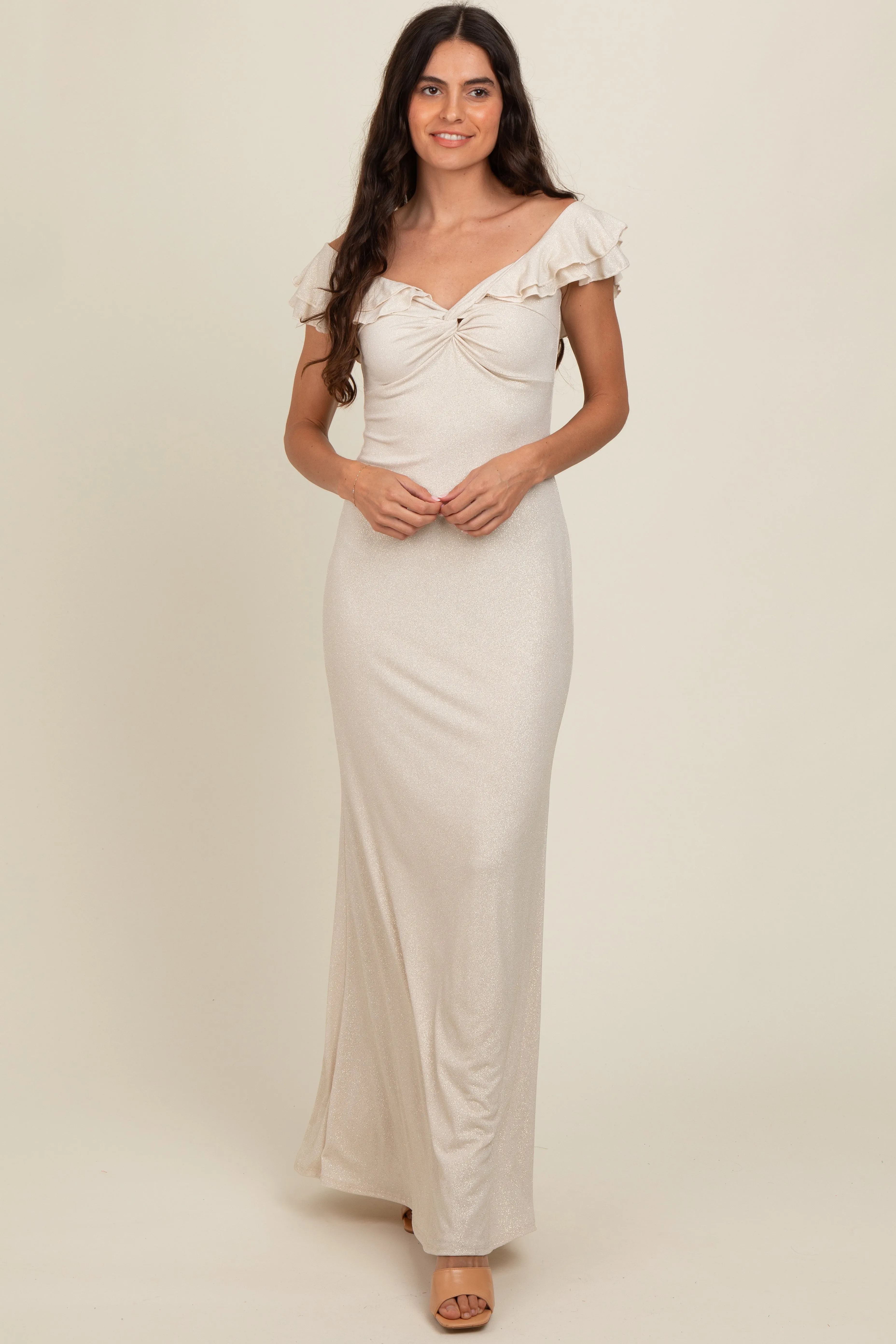 Beige Glitter Sweetheart Neck Ruffle Off Shoulder Maxi Dress sold by Pinkblush product image thumbnail 2