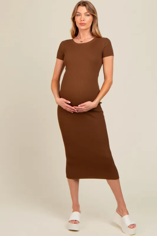 Brown Short Sleeve Rib Knit Maternity Midi Dress sold by Pinkblush
