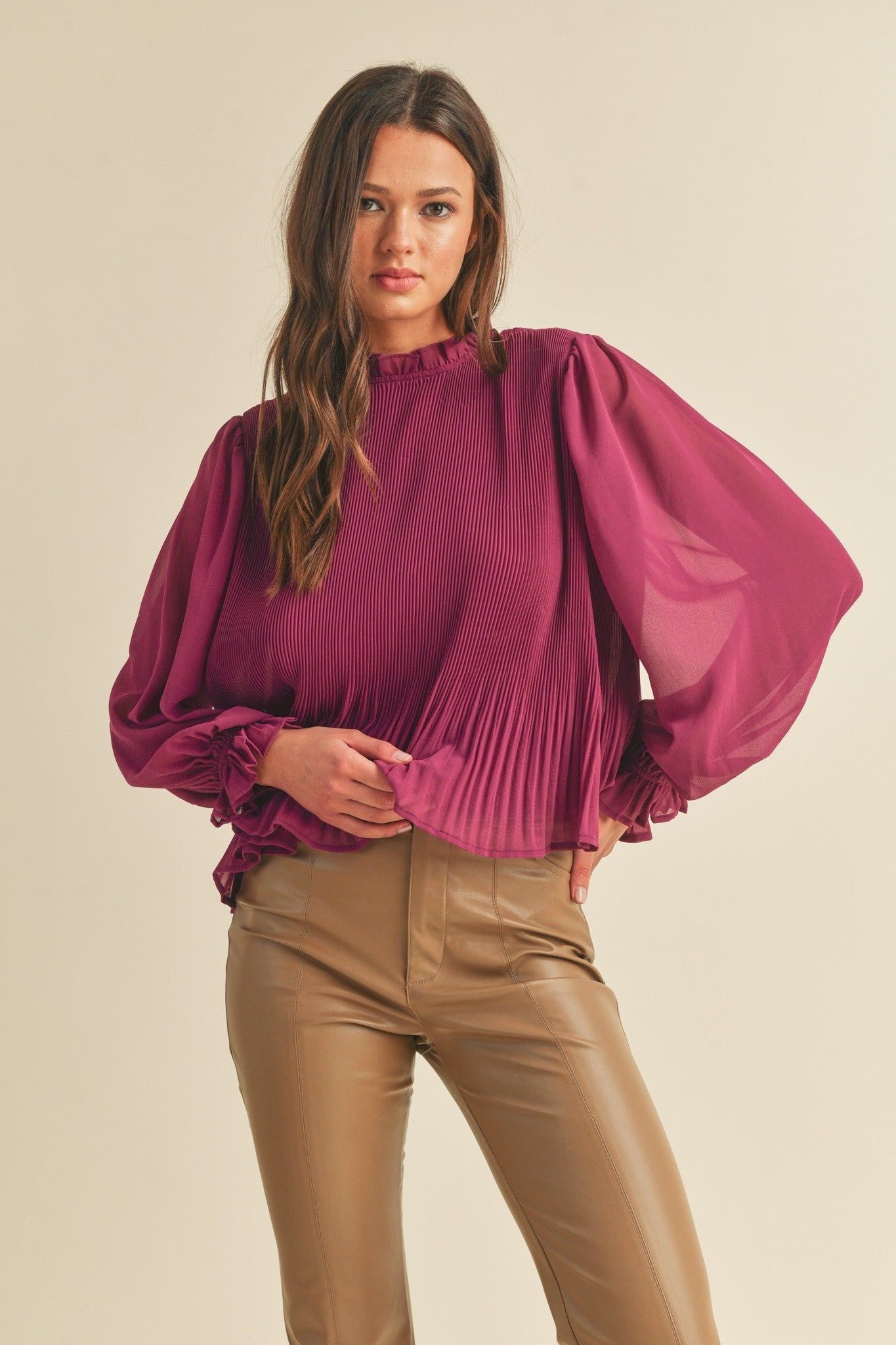 Purple Berry Pleated High Ruffle Neck Top sold by Pinkblush
